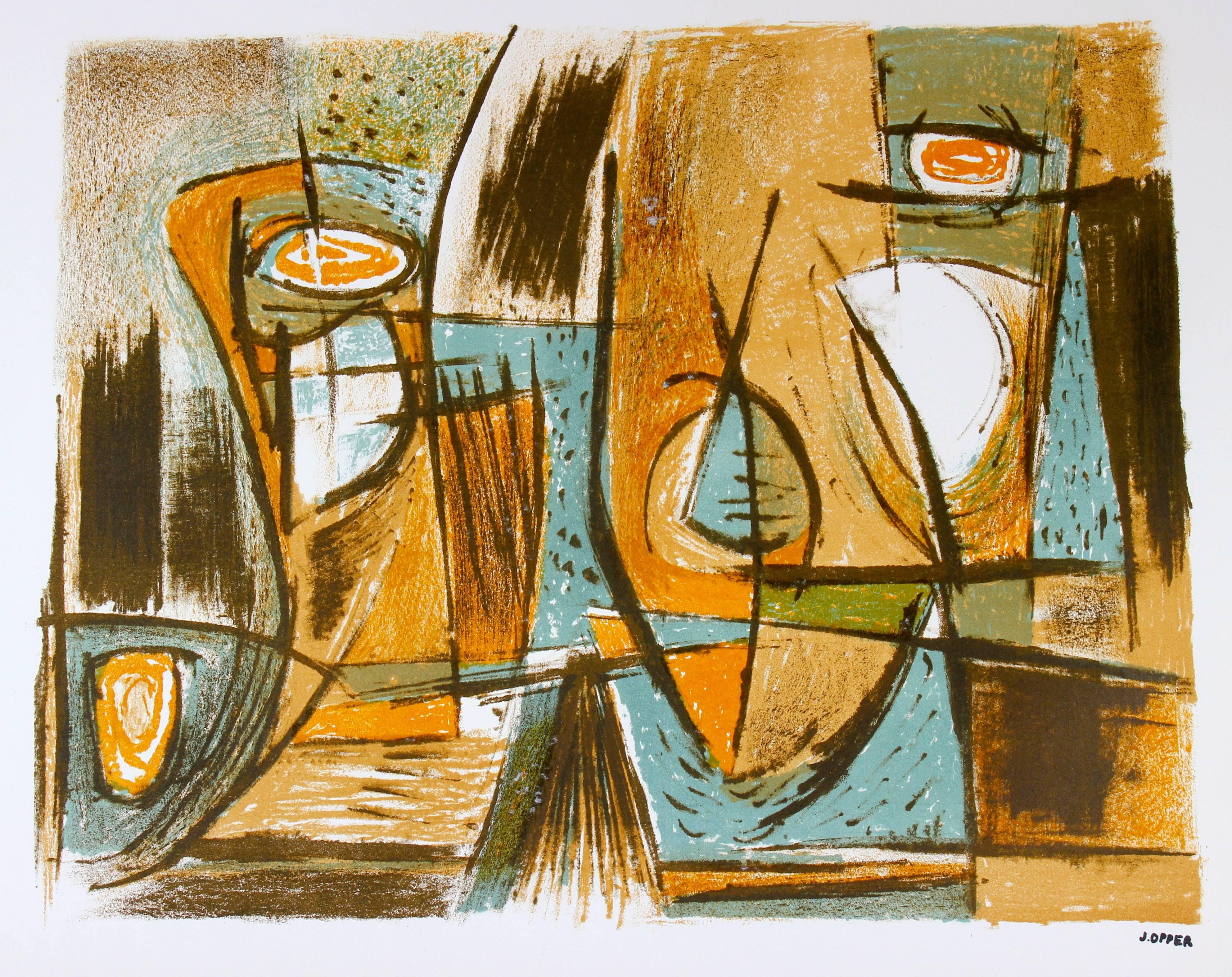 Jerry Opper Abstract Print - Mid Century Modern Abstract in Ochre and Blue, Lithograph