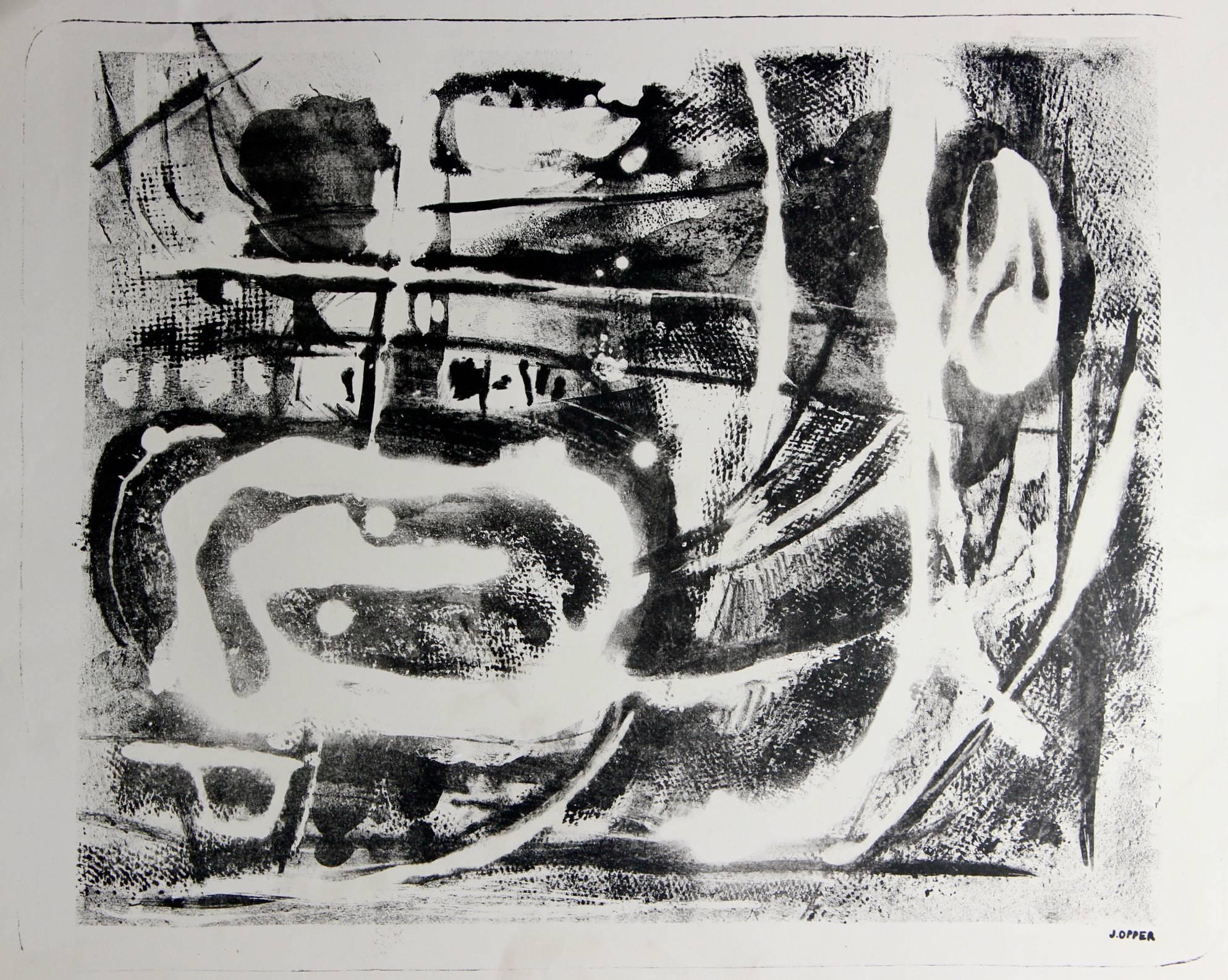 Jerry Opper Abstract Print - Monochromatic Mid Century Abstract Lithograph