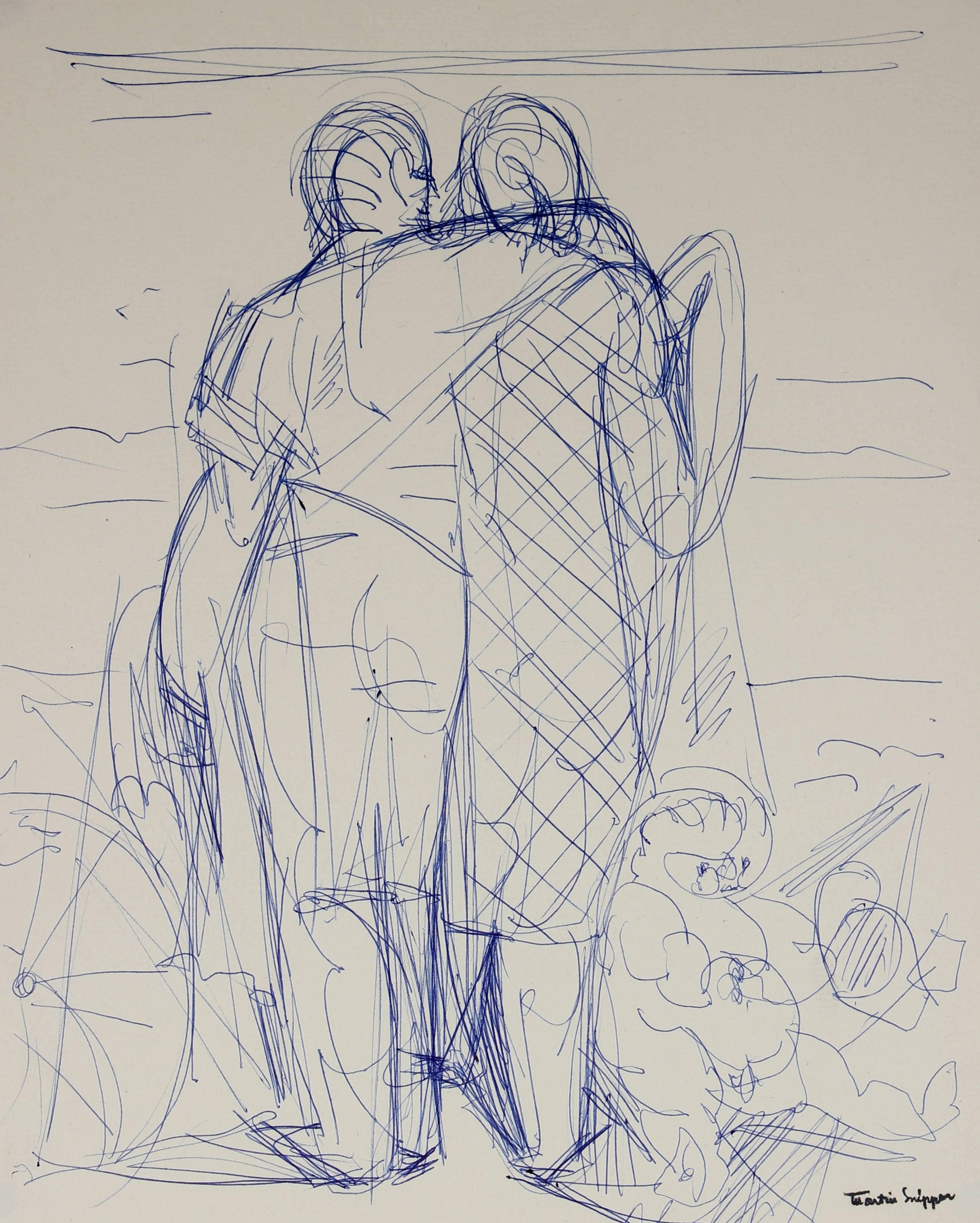 Martin Snipper Figurative Art - Embracing Figures Sketch in Blue Ink