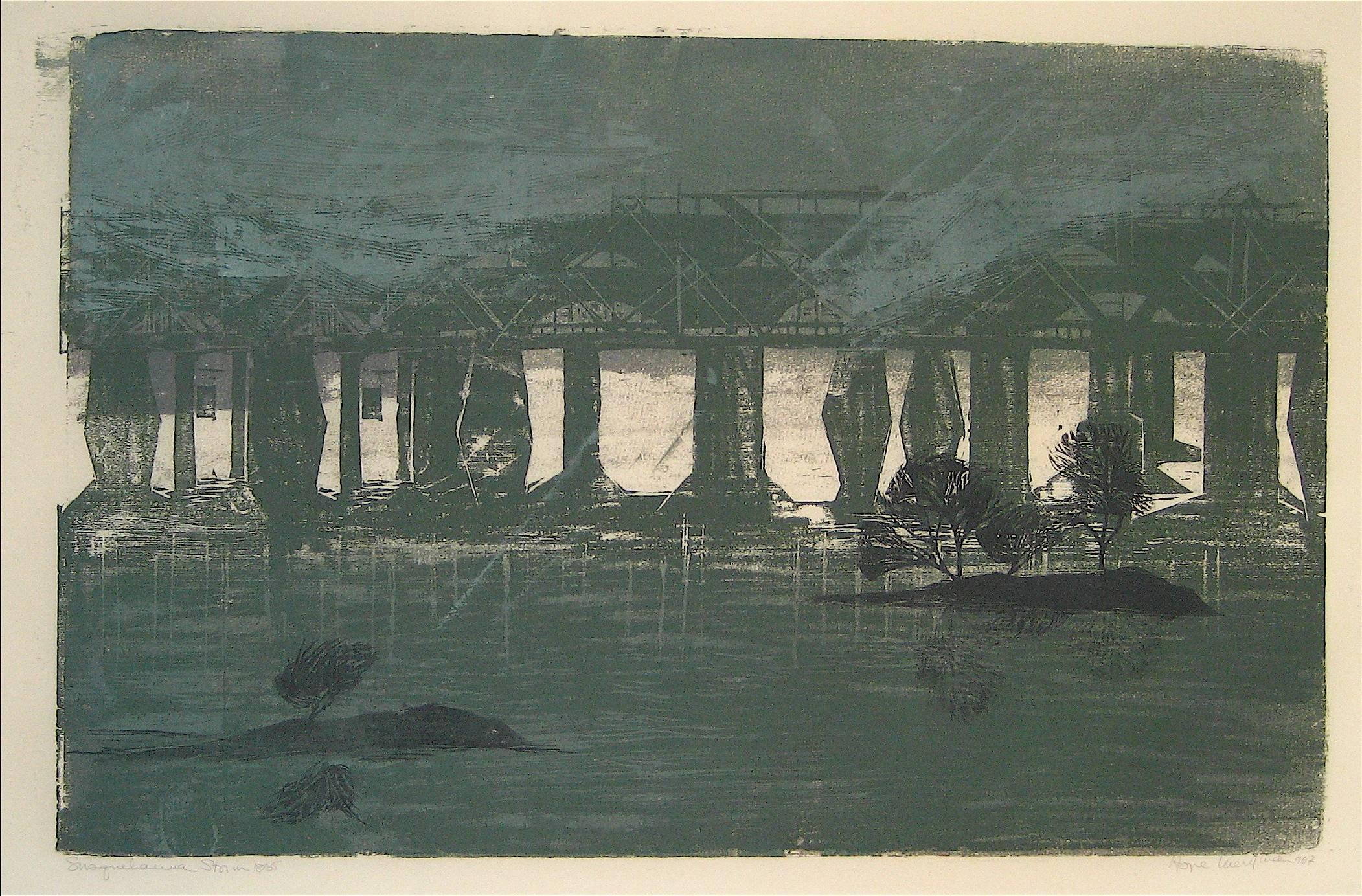 Hope Meryman Landscape Print - "Susquehanna Storm" Large Woodcut Landscape, 1960