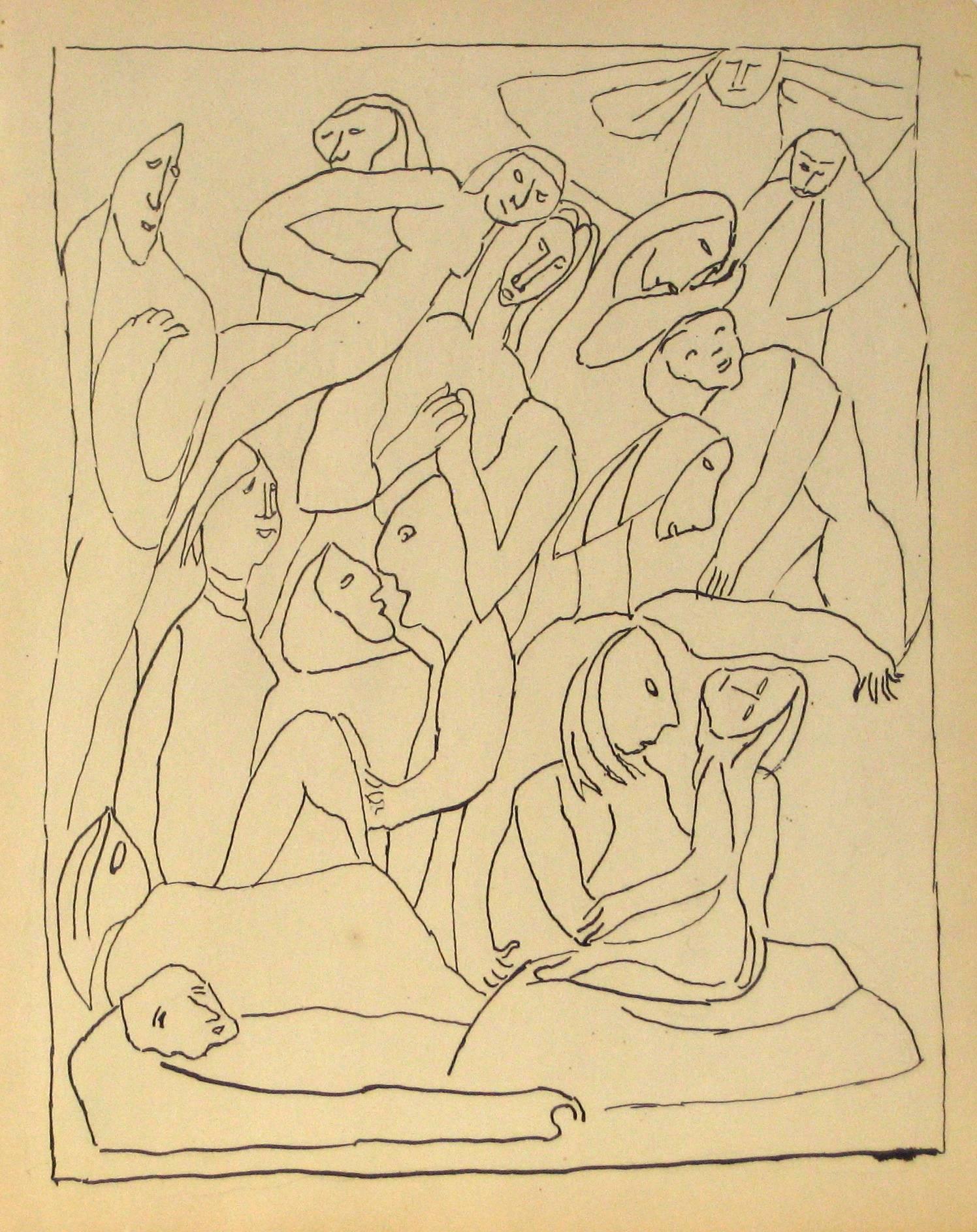 Jennings Tofel Figurative Art - Expressionist Figures in Ink, Mid 20th Century