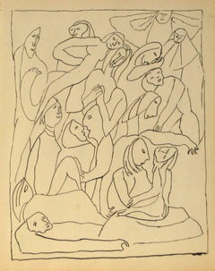 Expressionist Figures in Ink, Mid 20th Century