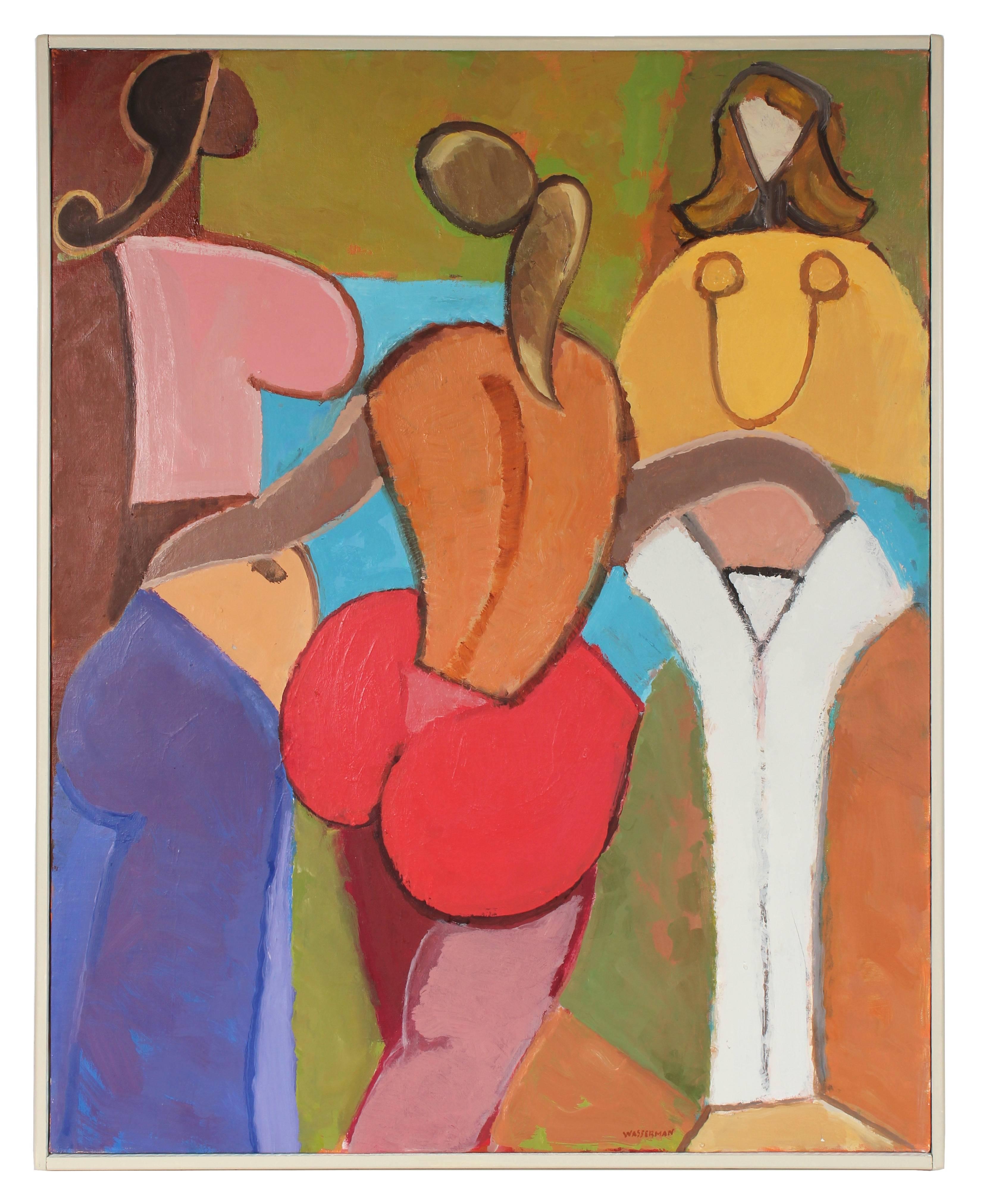 Gerald Wasserman Figurative Painting - Bright Abstracted Female Figures in Oil, 20th Century