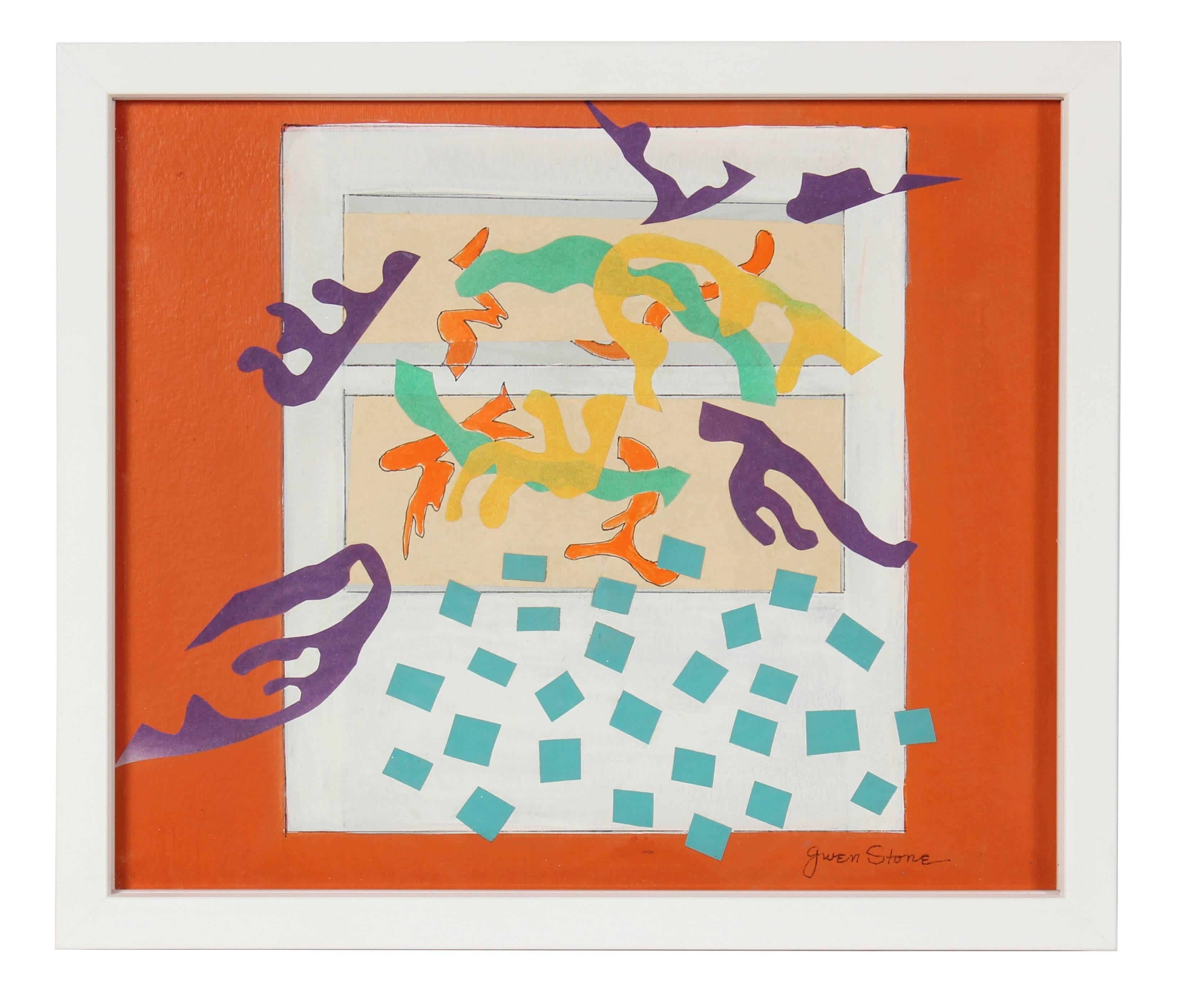 Gwen Stone Abstract Painting - "Cut Outs", Acrylic and Collage with Orange, 20th Century