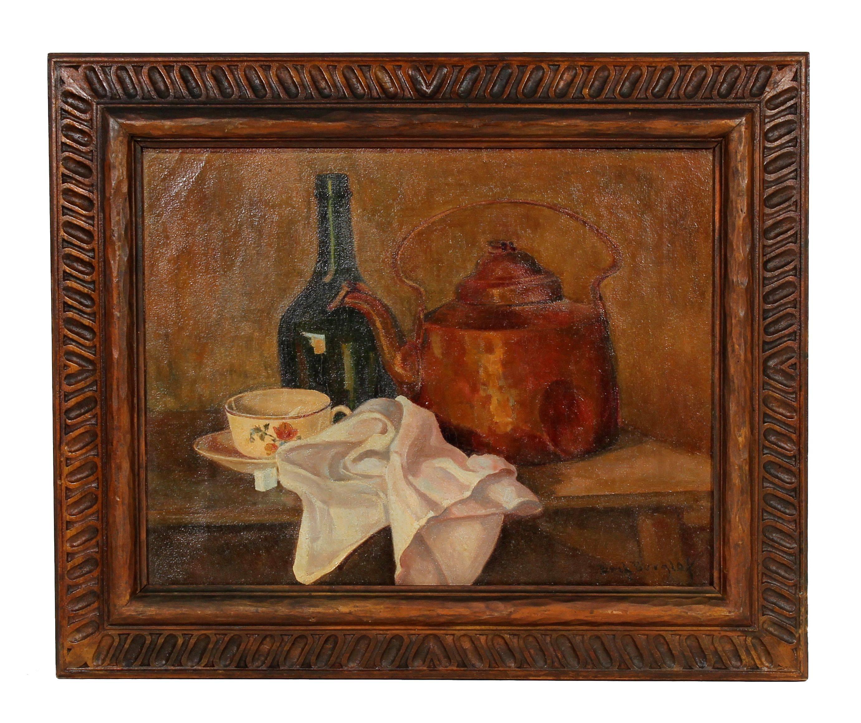 Unknown Still-Life Painting - Kettle and Bottle Still Life in Oil, Early 20th Century