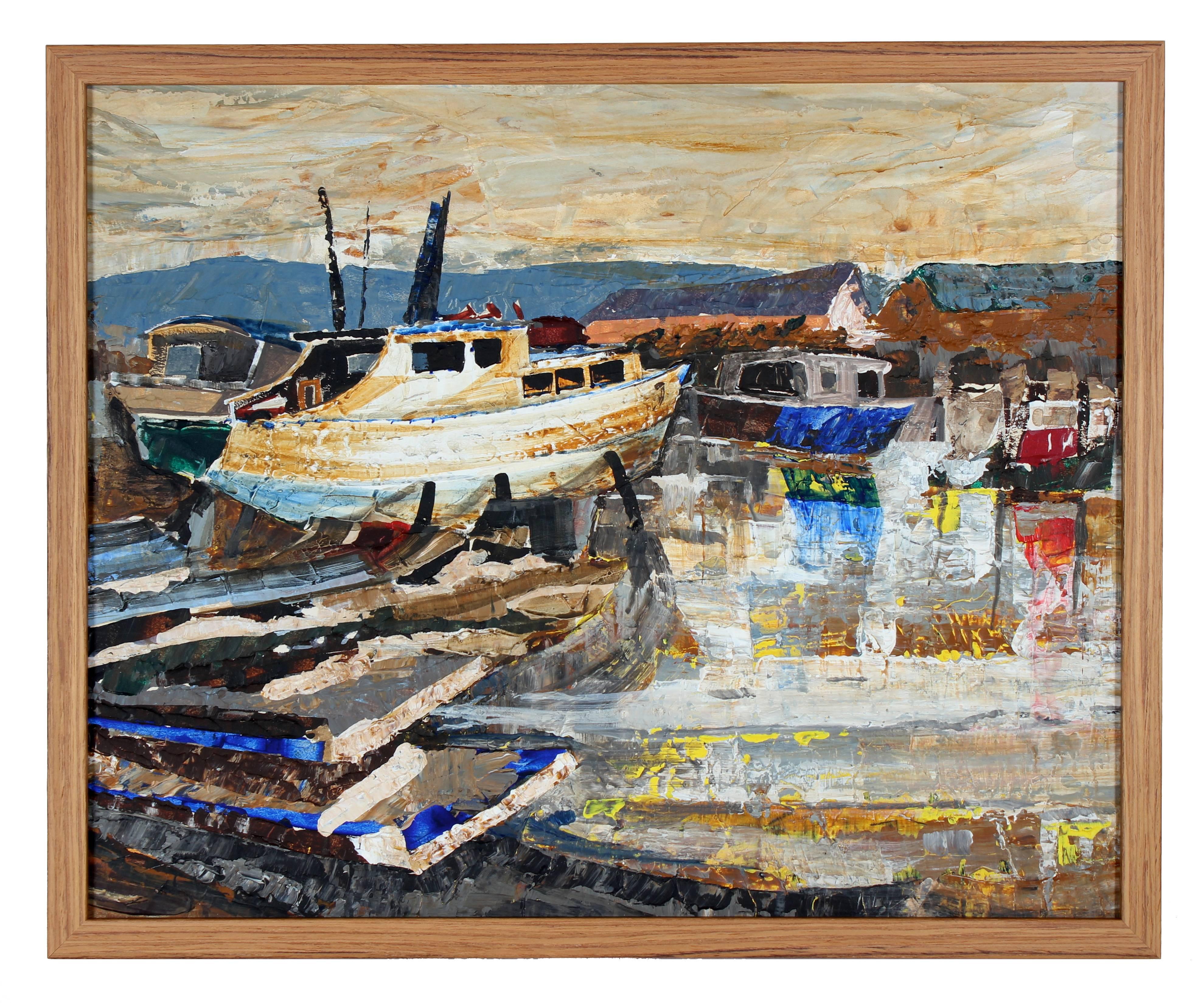 Unknown Landscape Painting - Harbor Scene with Boats, Oil on Board, 20th Century