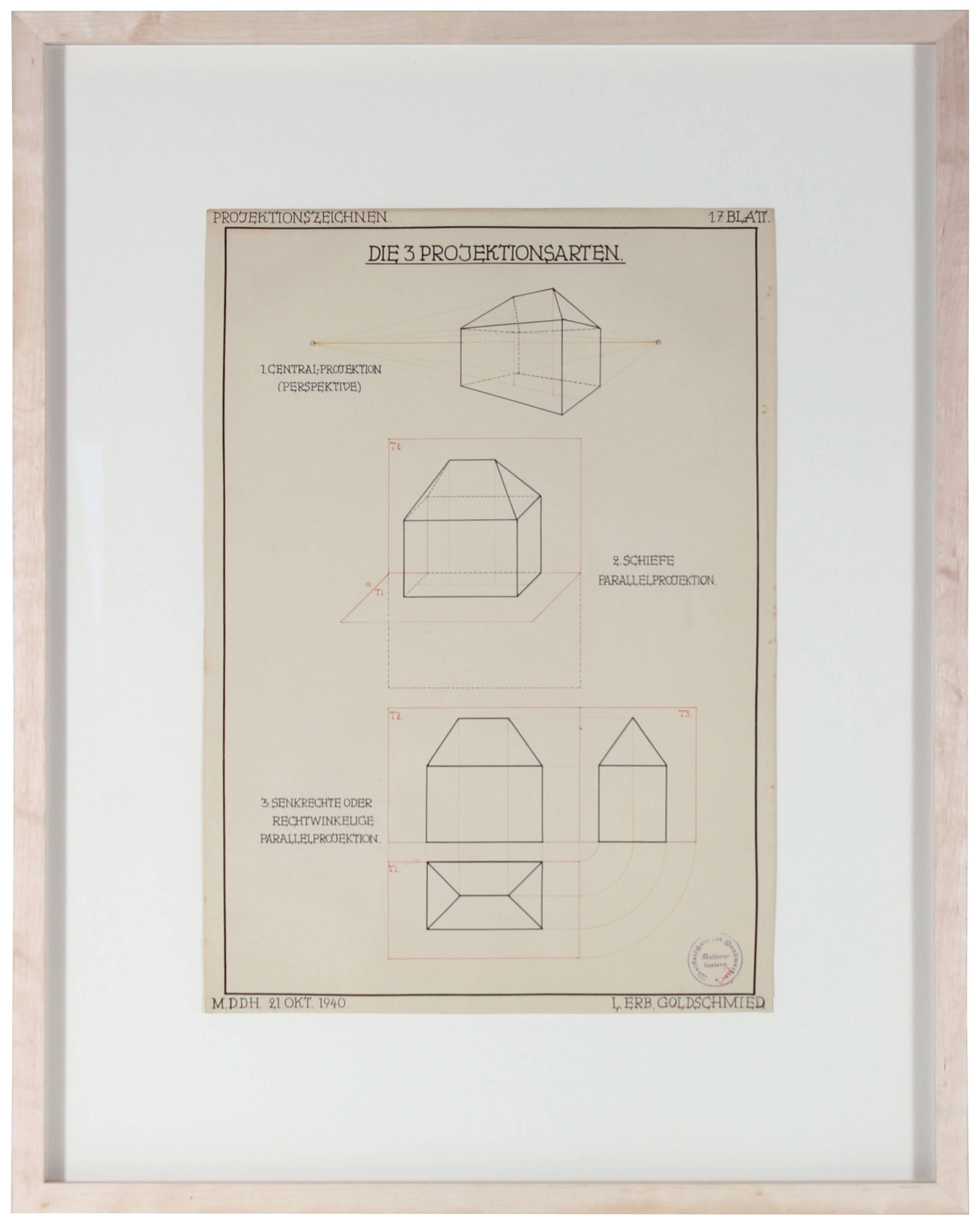 Leo Erb Still-Life - Bauhaus Academic German Engineering Diagram in Ink, 1940