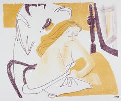 Mid Century Bedroom Scene, Lithograph Print on Paper, Circa 1950s