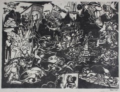 Dystopian Scene Linoleum Block Print, 20th Century