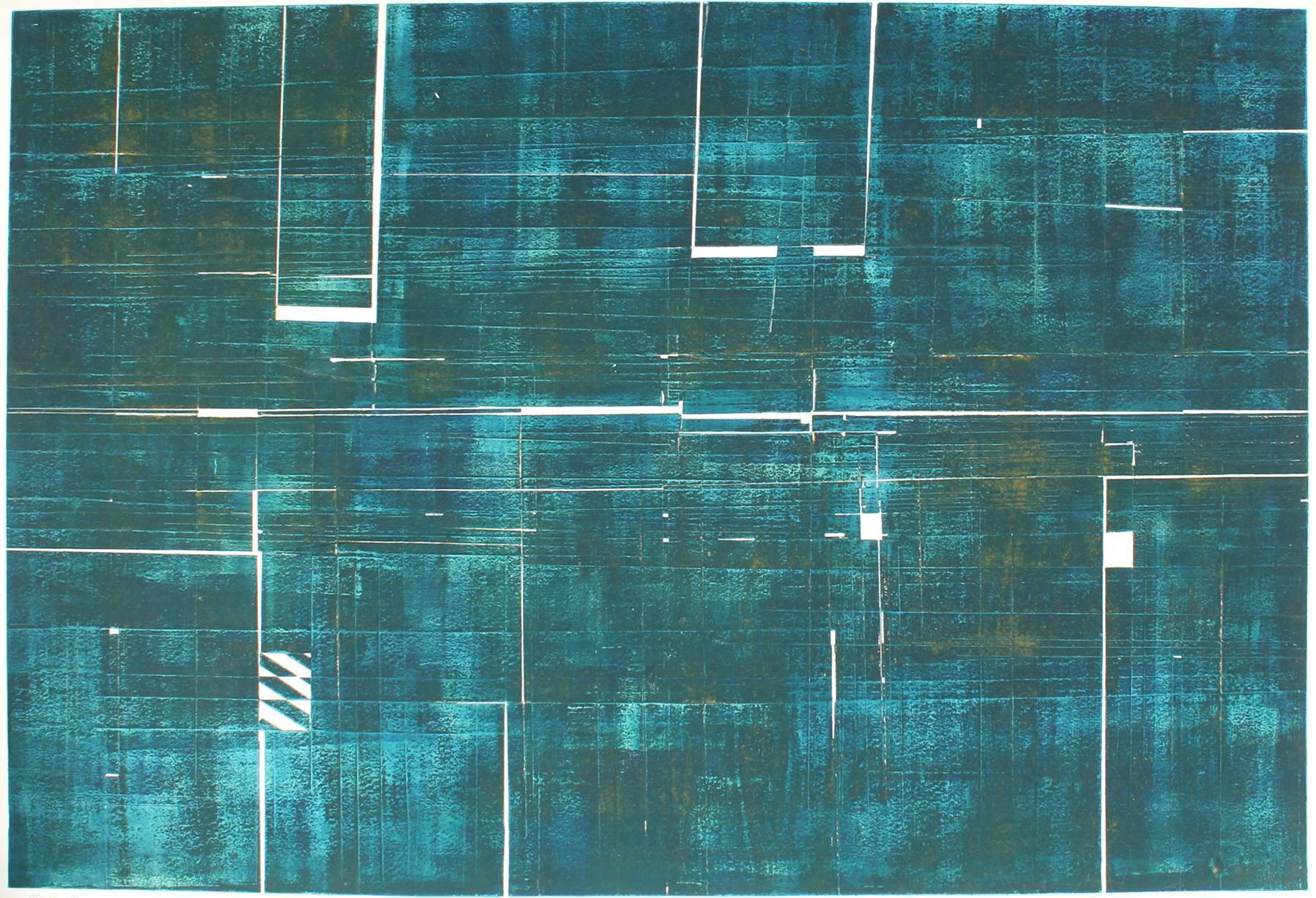 This mid 20th century teal abstract collograph and embossed print entitled "Antarctica Metamorphosis" is by Santa Fe artist Seymour Tubis (1919-1993). Tubis studied at the Art Students League with Hans Hofmann (1946-1949). He exhibited in Paris in