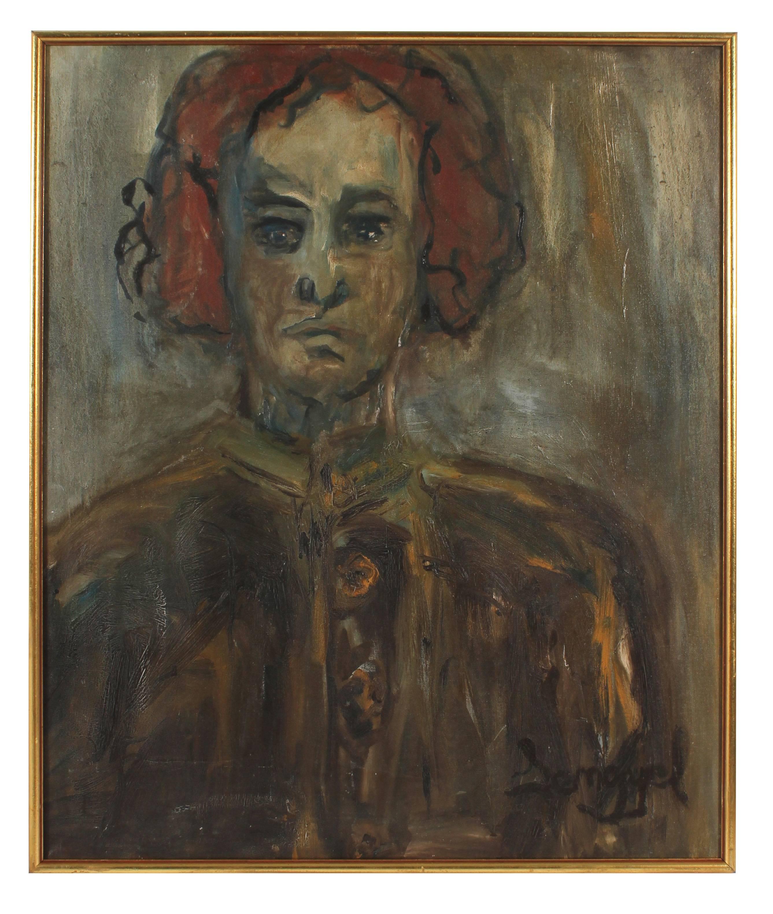 "Kathleen Brown, The Painter, Oakland" Portrait in Gray Brown & Rust Red, 1967