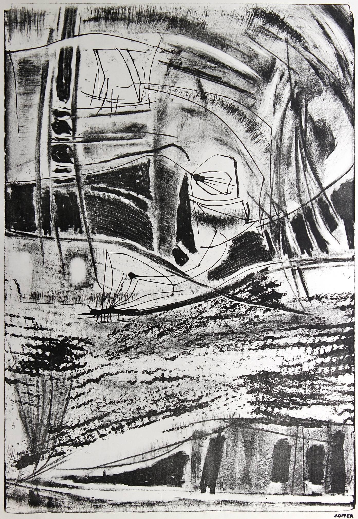 Jerry Opper Abstract Print - Bauhaus Monochromatic Abstract Lithograph on Paper, Mid-Century