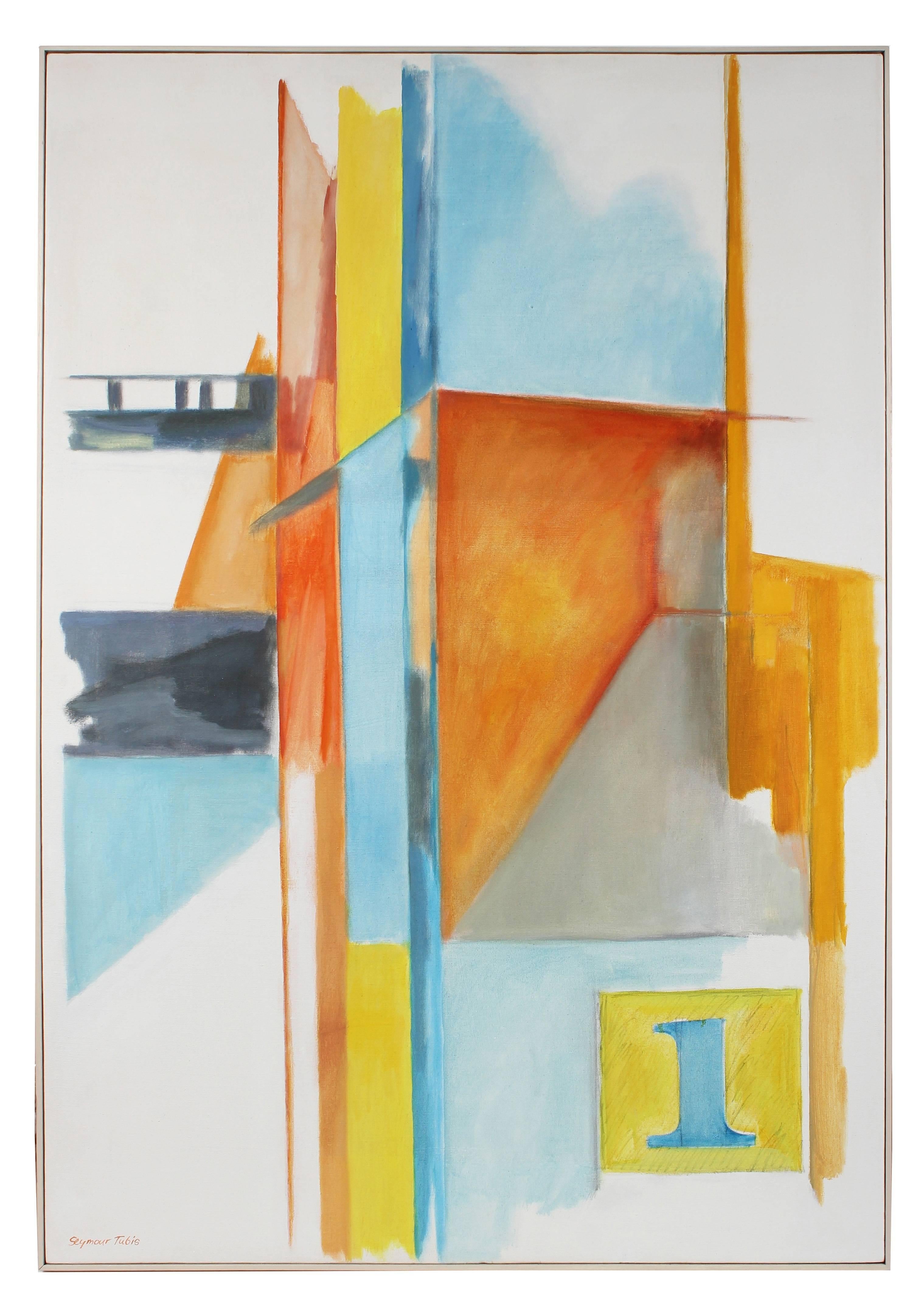 Seymour Tubis Abstract Painting - "Seville" Large Abstract with Blue and Orange, Circa 1975