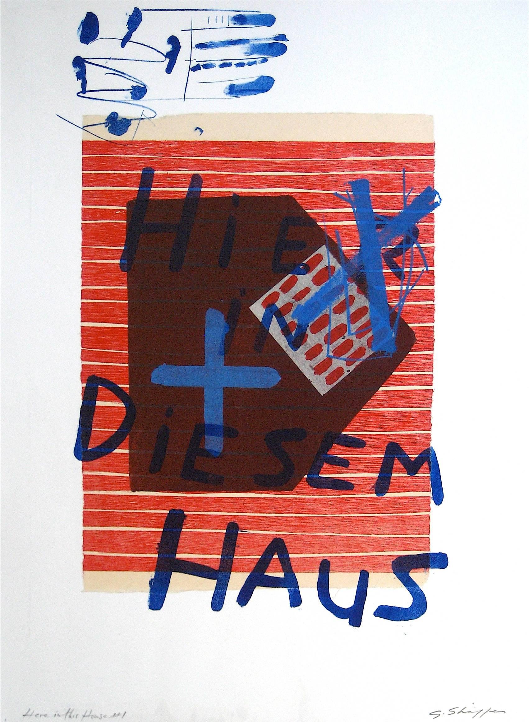 Gary Lee Shaffer Abstract Print - "Here in This House #1" Abstract Lithograph in Red and Blue, 1998
