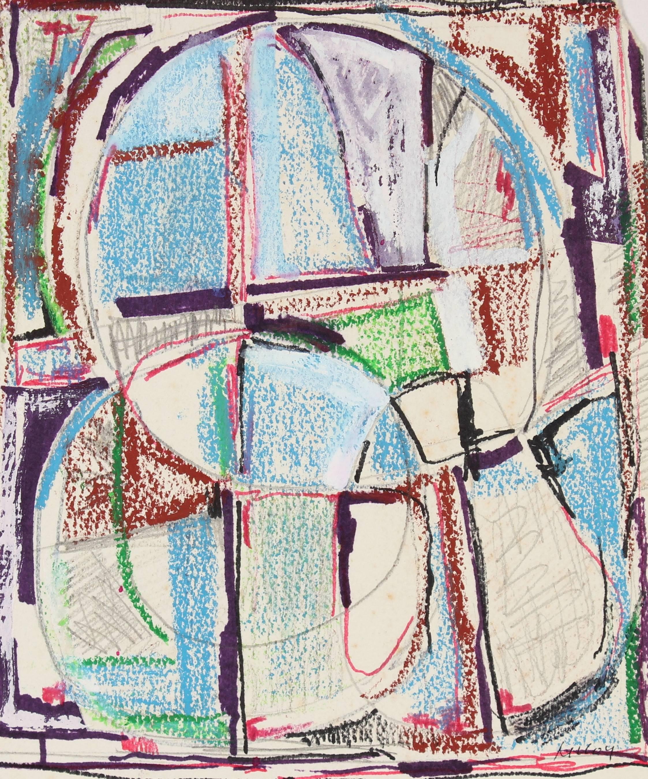 Paul McCoy Abstract Drawing - Modernist Colorful Abstract in Ink and Pastel with Red & Blue, Mid 20th Century