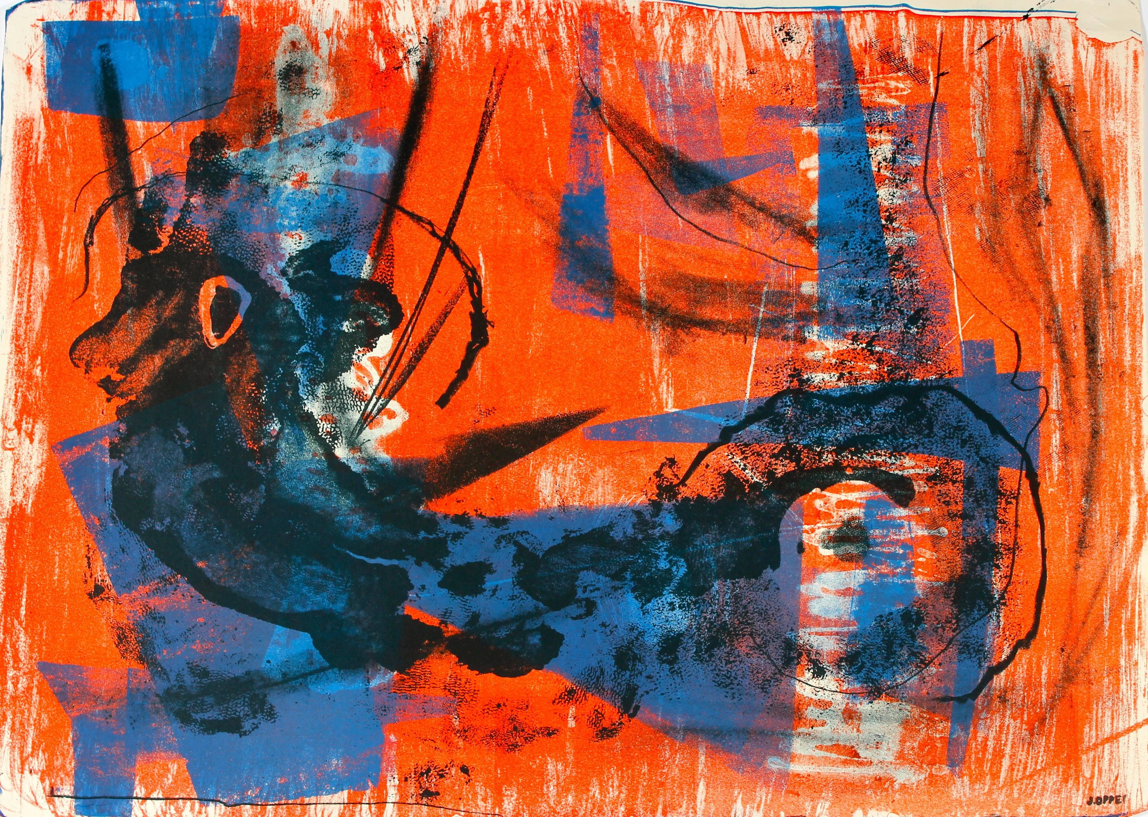 Jerry Opper Abstract Print - Abstract Expressionist Lithograph in Bright Blue and Orange, Circa 1950s