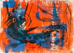Abstract Expressionist Lithograph in Bright Blue and Orange, Circa 1950s
