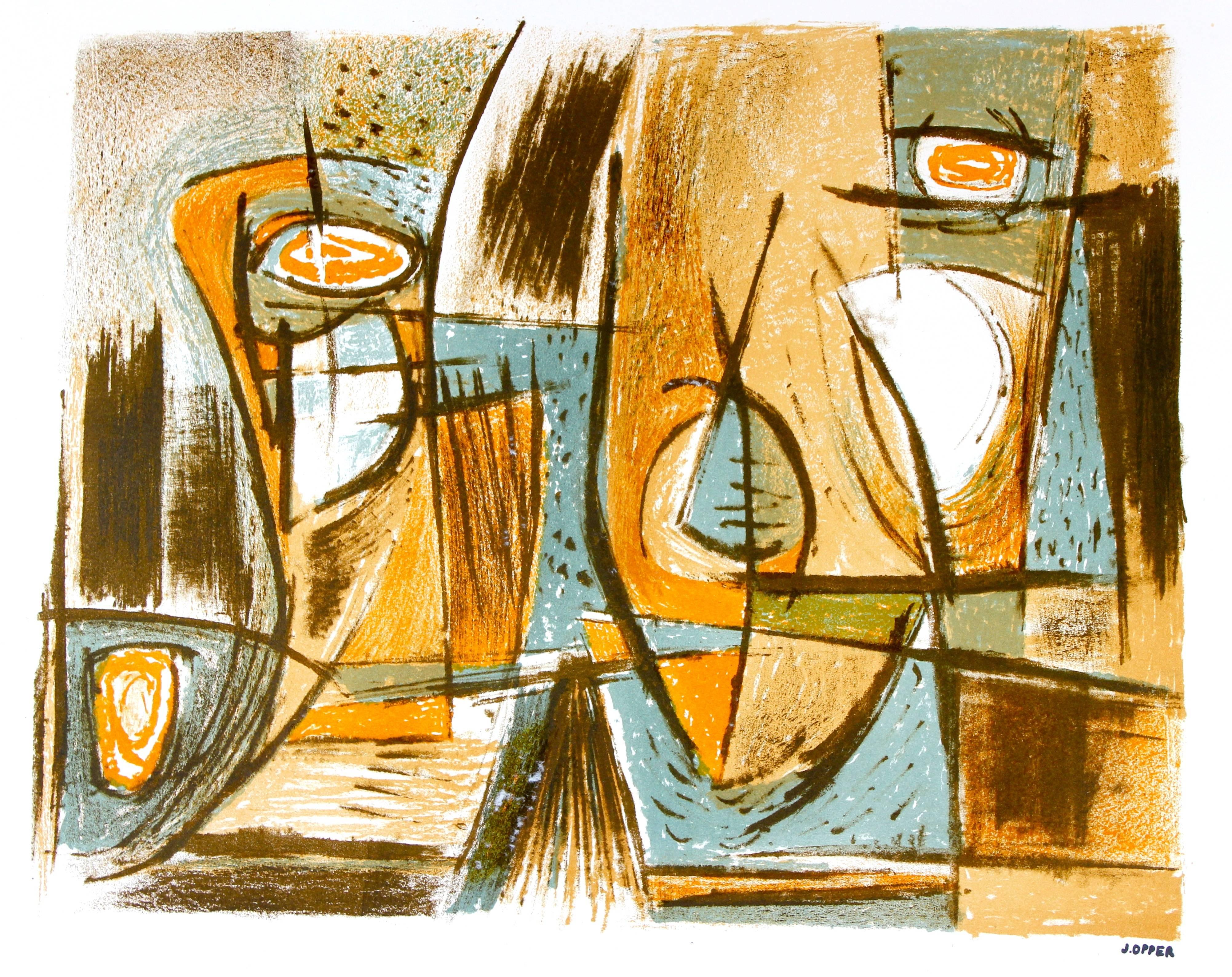 Jerry Opper Abstract Print - Mid Century Abstract Lithograph in Blue and Brown, Circa 1950