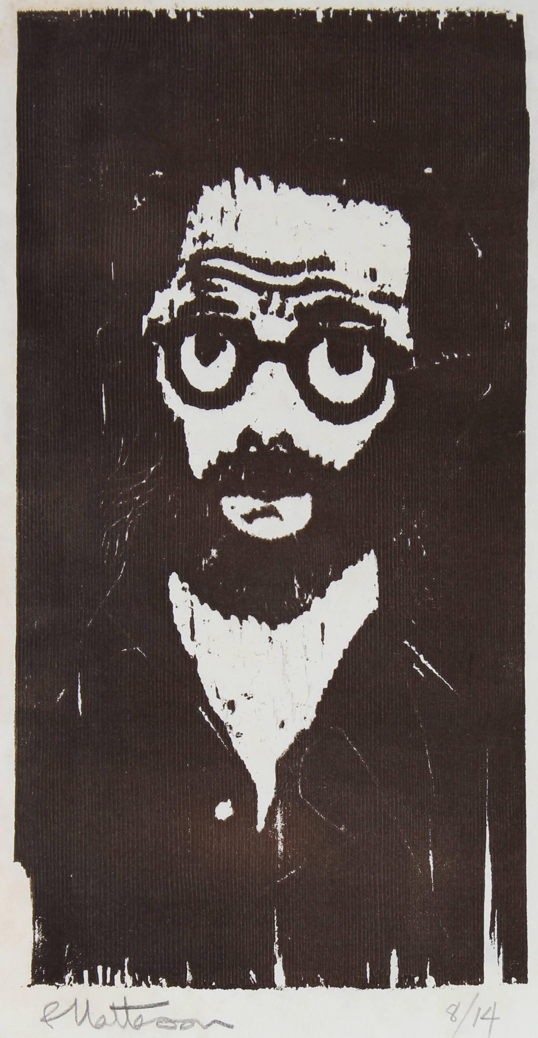 Rip Matteson Portrait Print - Woodcut Self-Portrait of The Artist with Glasses and Beard, Circa 1970s