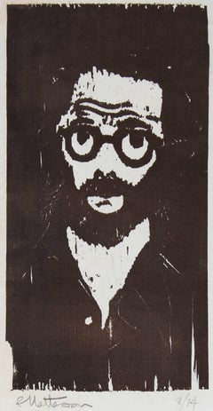 Woodcut Self-Portrait of The Artist with Glasses and Beard, Circa 1970s