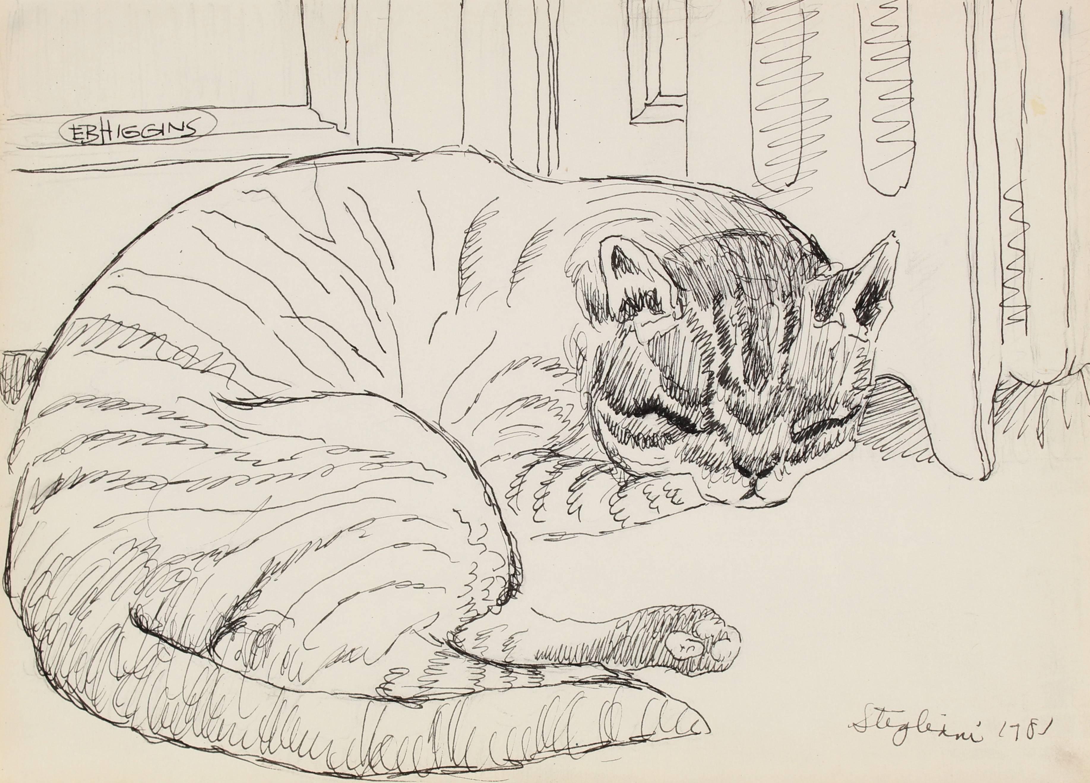 Pasquale Patrick Stigliani Animal Art - Sleeping Cat, Ink Study