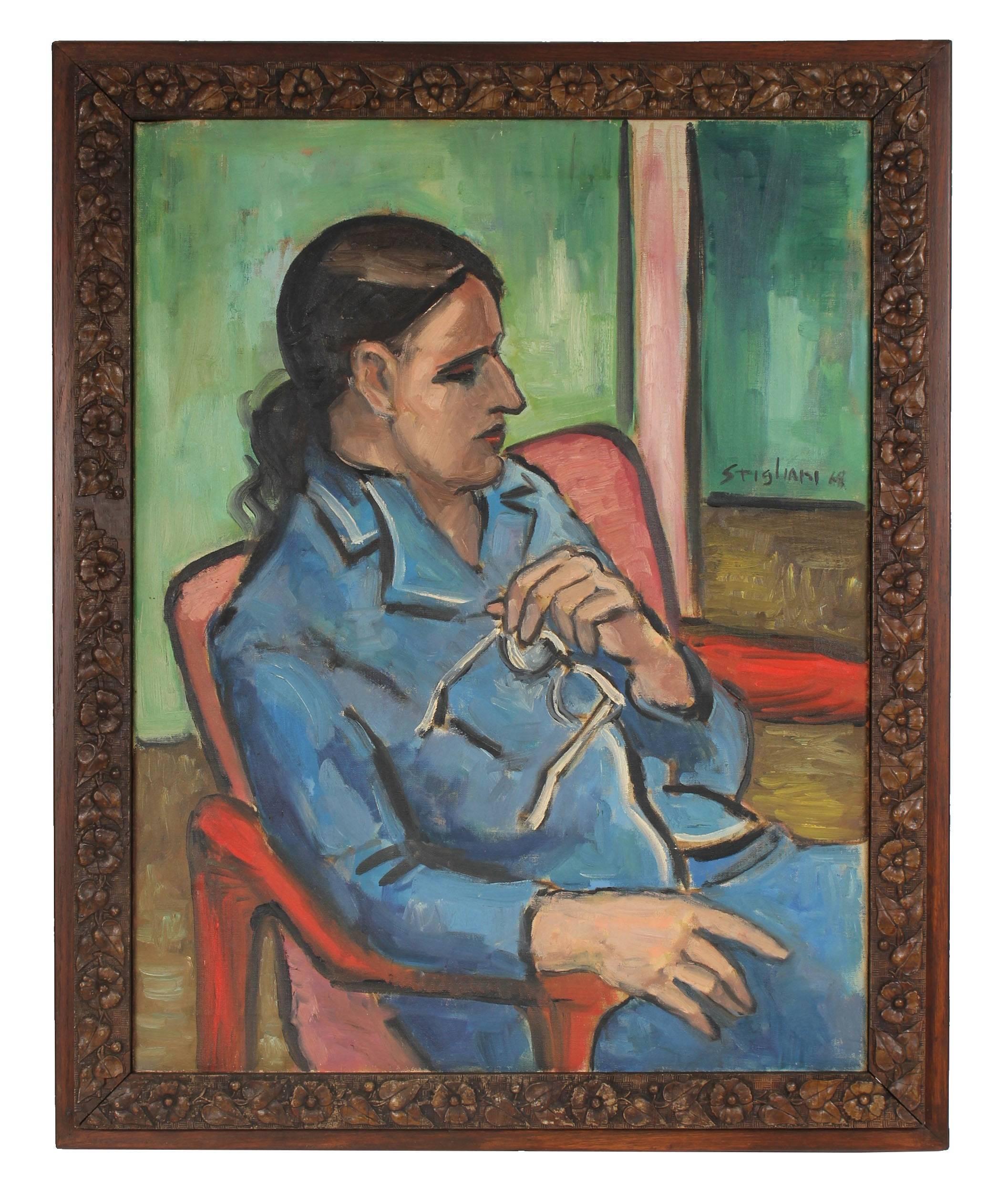 Pasquale Patrick Stigliani Portrait Painting - "Rita with Glasses", Modernist Portrait of a Woman in Green, 1968