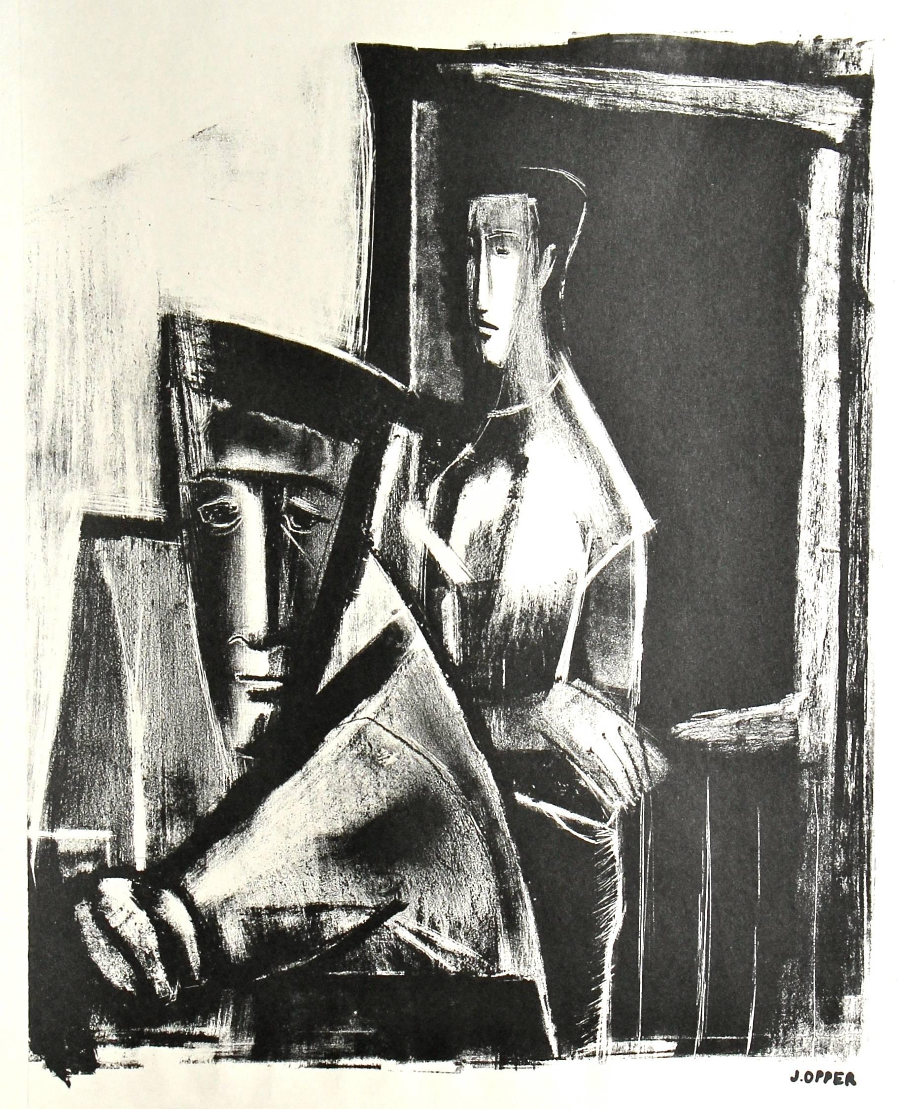 Jerry Opper Interior Print - Monochromatic Expressionist Lithograph