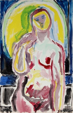 Colorful Nude Backlit by Moon, Watercolor Portrait, 1950