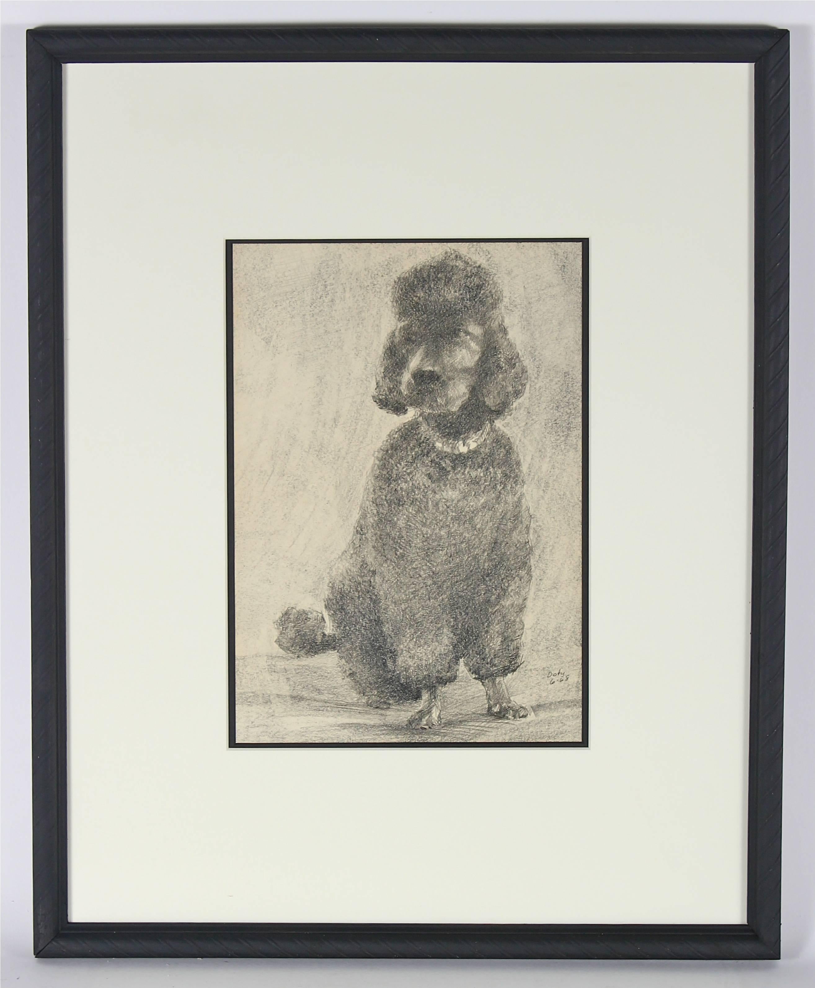 Neal Doty Animal Art - Portrait of a Black Poodle in Charcoal, 1968