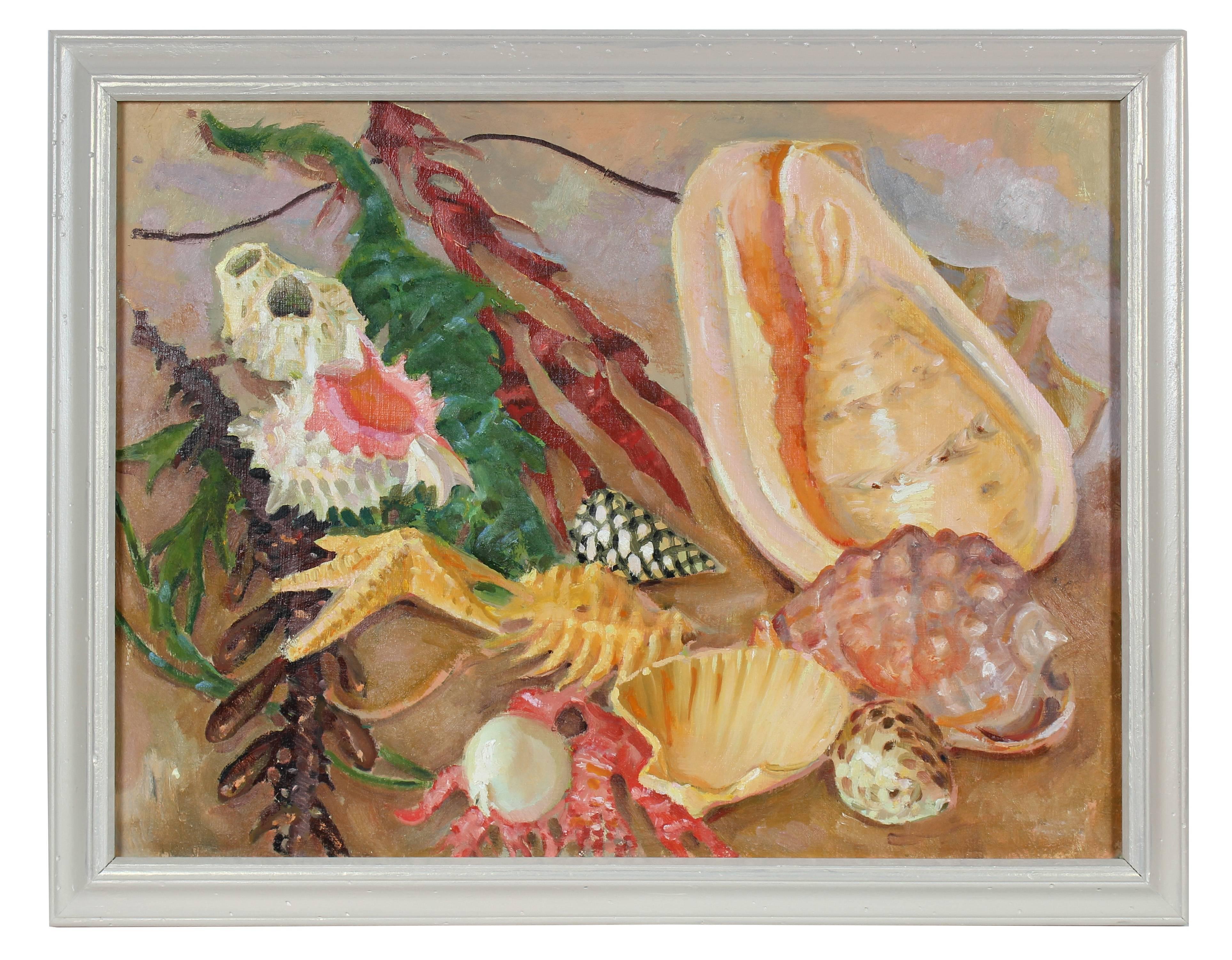 Frederick Pomeroy Still-Life Painting - Coastal Still Life with Seashells and Seaweed, Oil on Canvas Painting