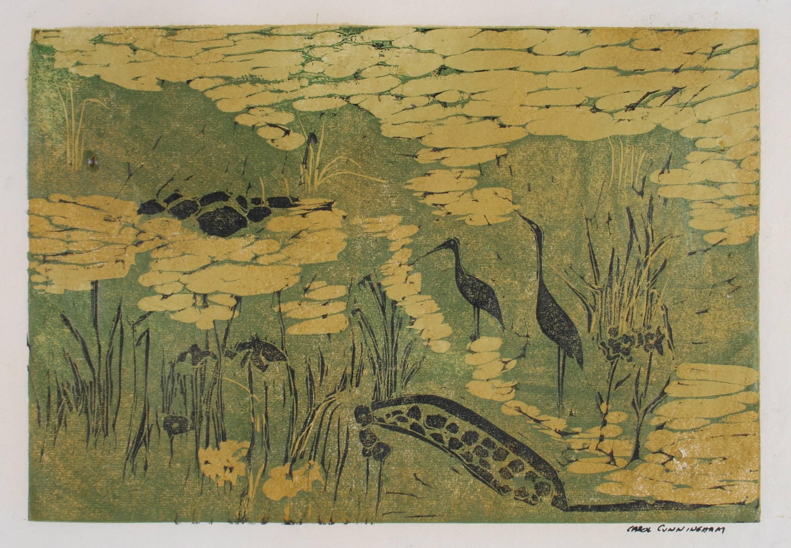 This 1960-1970s linoleum block print on paper aquatic landscape entitled 