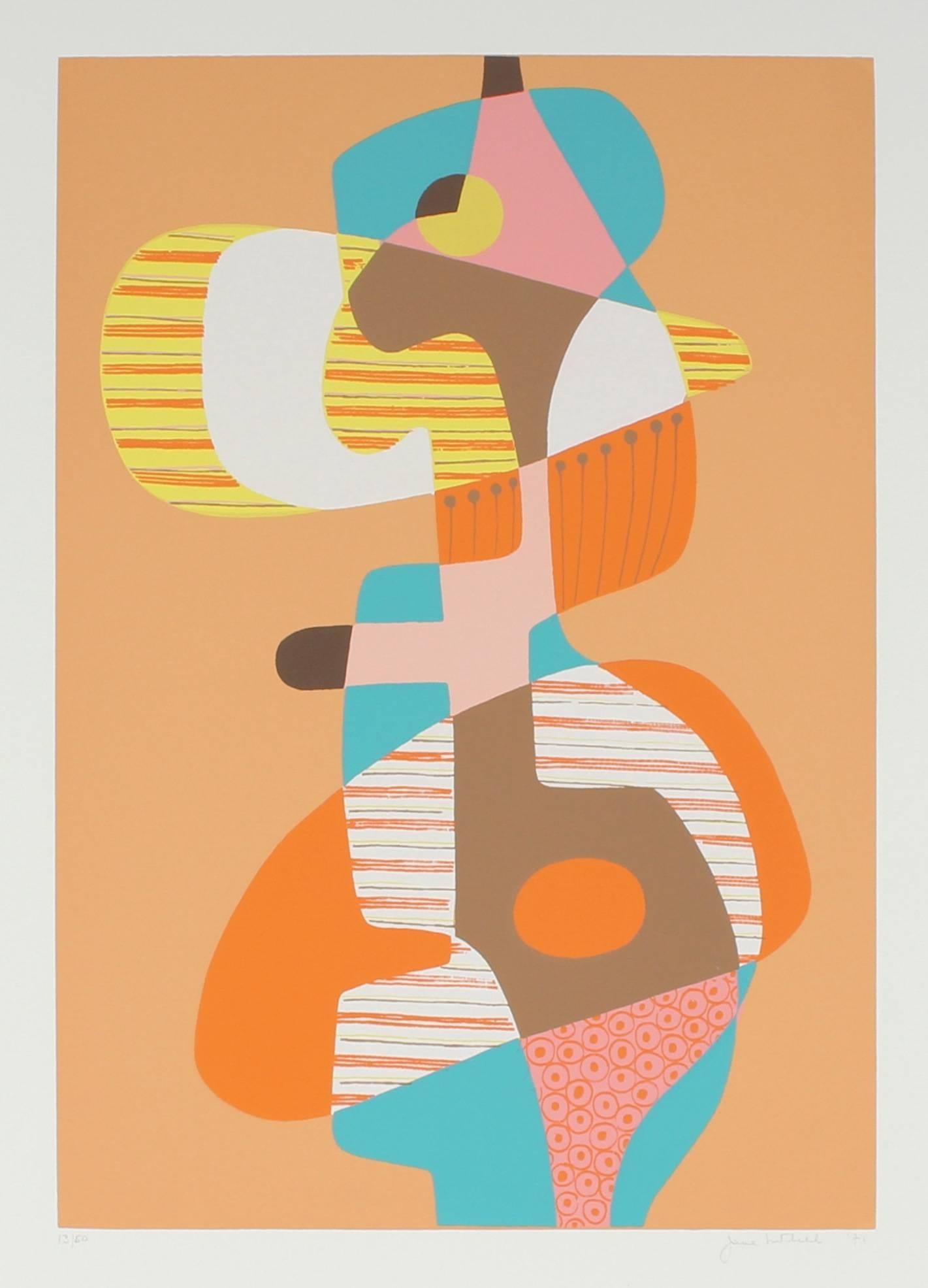 Jane Mitchell Abstract Print - Abstract Cubist Serigraph in Orange, 1971