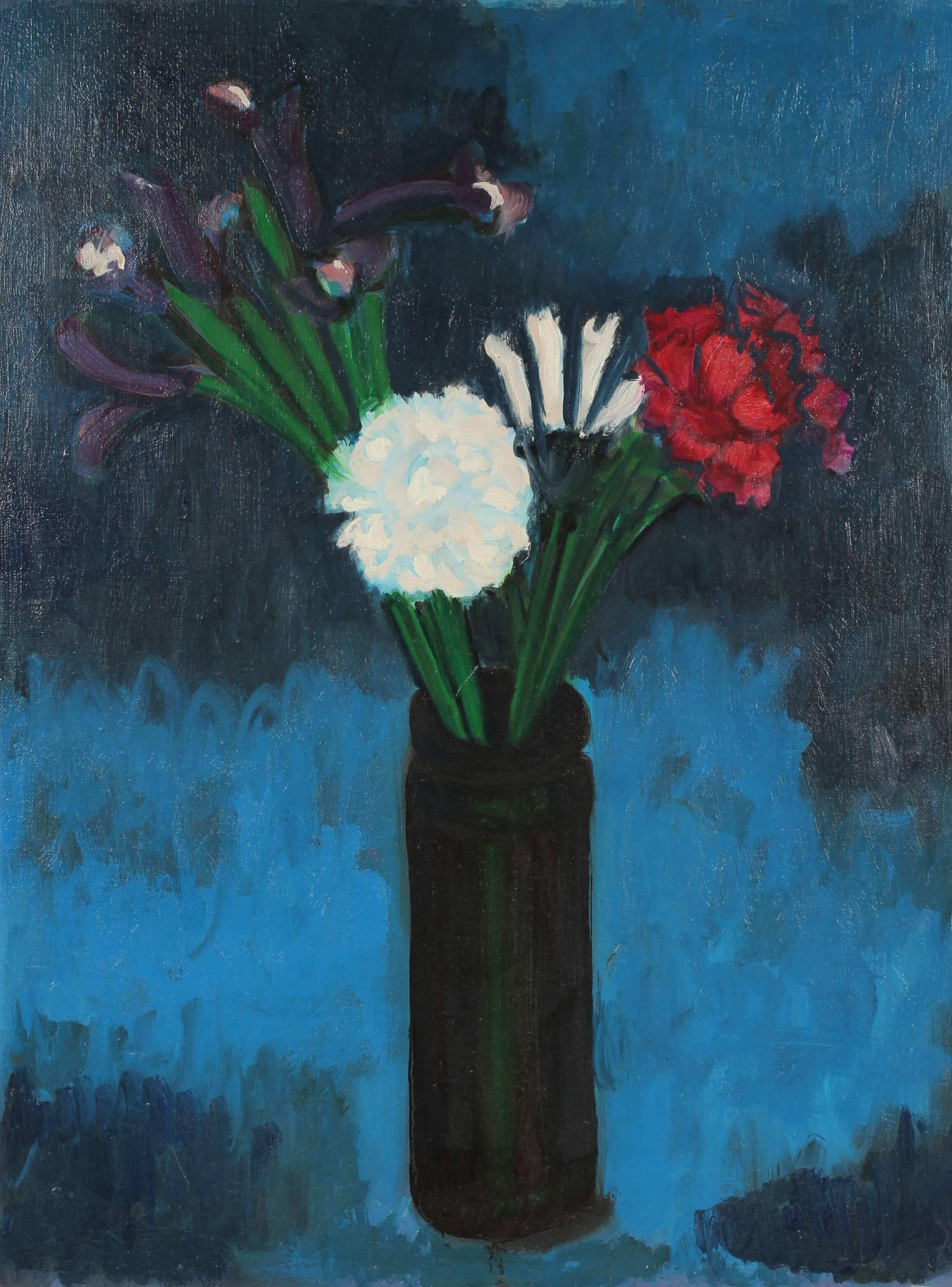 Pasquale Patrick Stigliani Still-Life Painting - Still Life with Iris and Carnation, Oil Painting, 1968