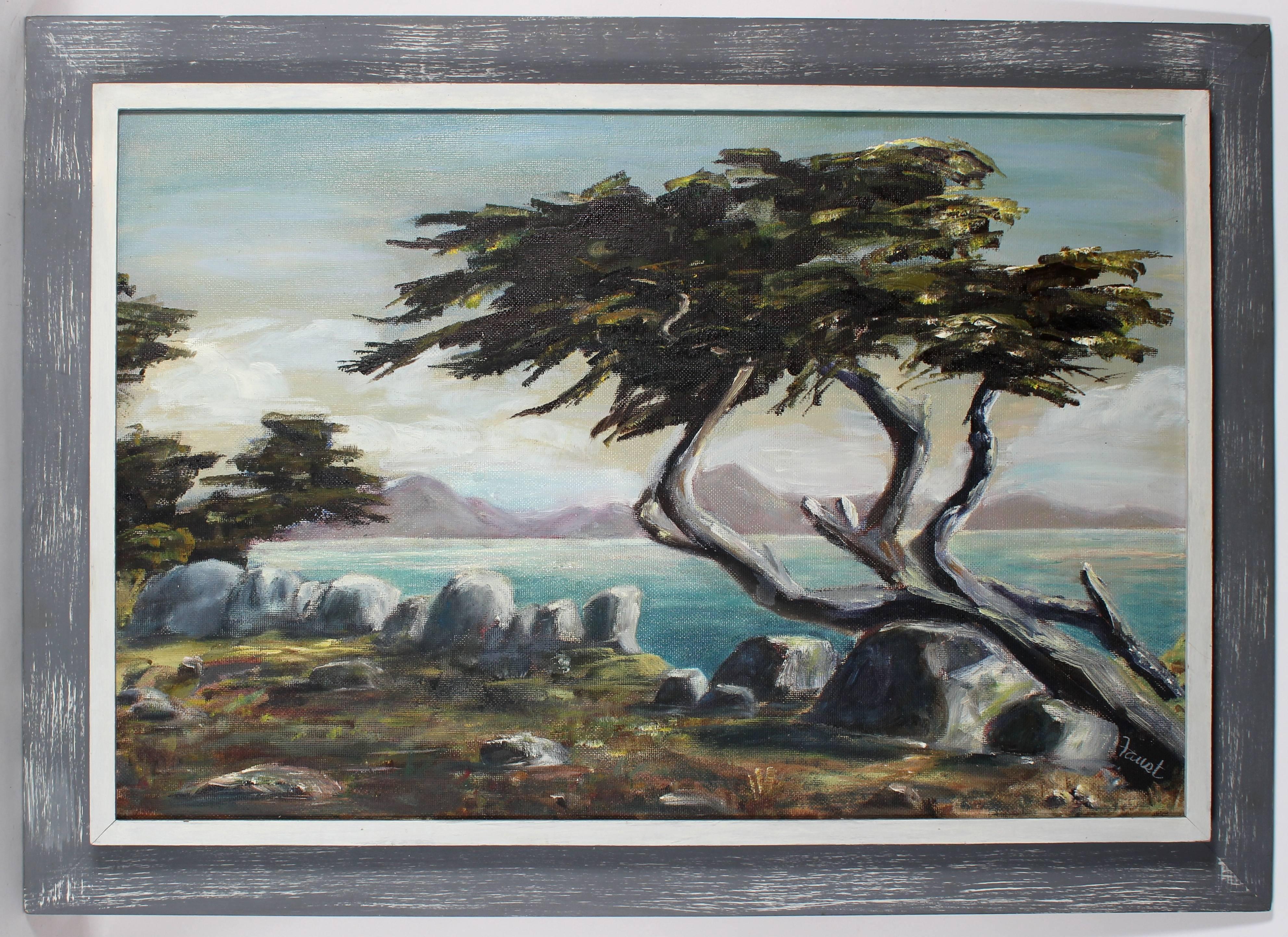 Unknown Landscape Painting - California Coastal Cypress Tree, Oil Painting, Mid Century
