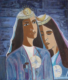 "Inca and Coya" Celestial Portrait of Two Women, Oil Painting, Mid 20th Century