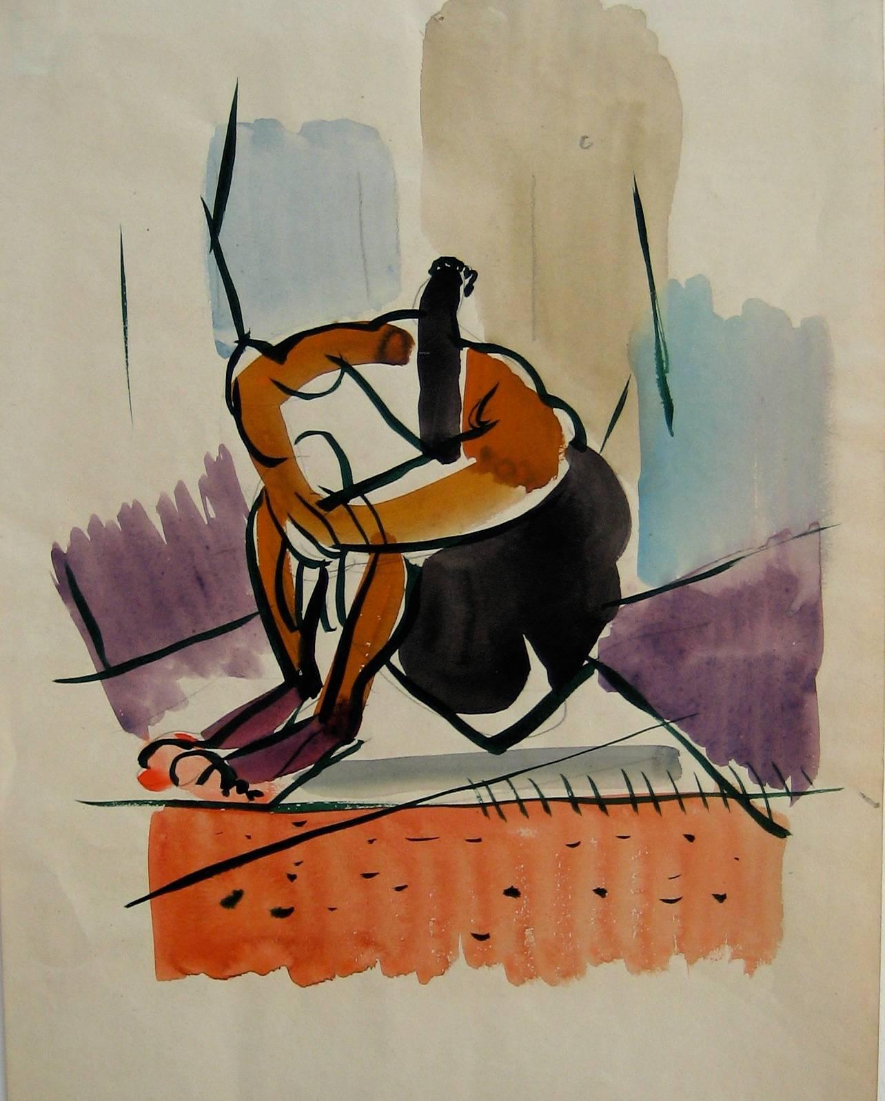 Helen Sewell Rennie Nude - Seated Modernist Figure, Watercolor Painting, Circa 1940