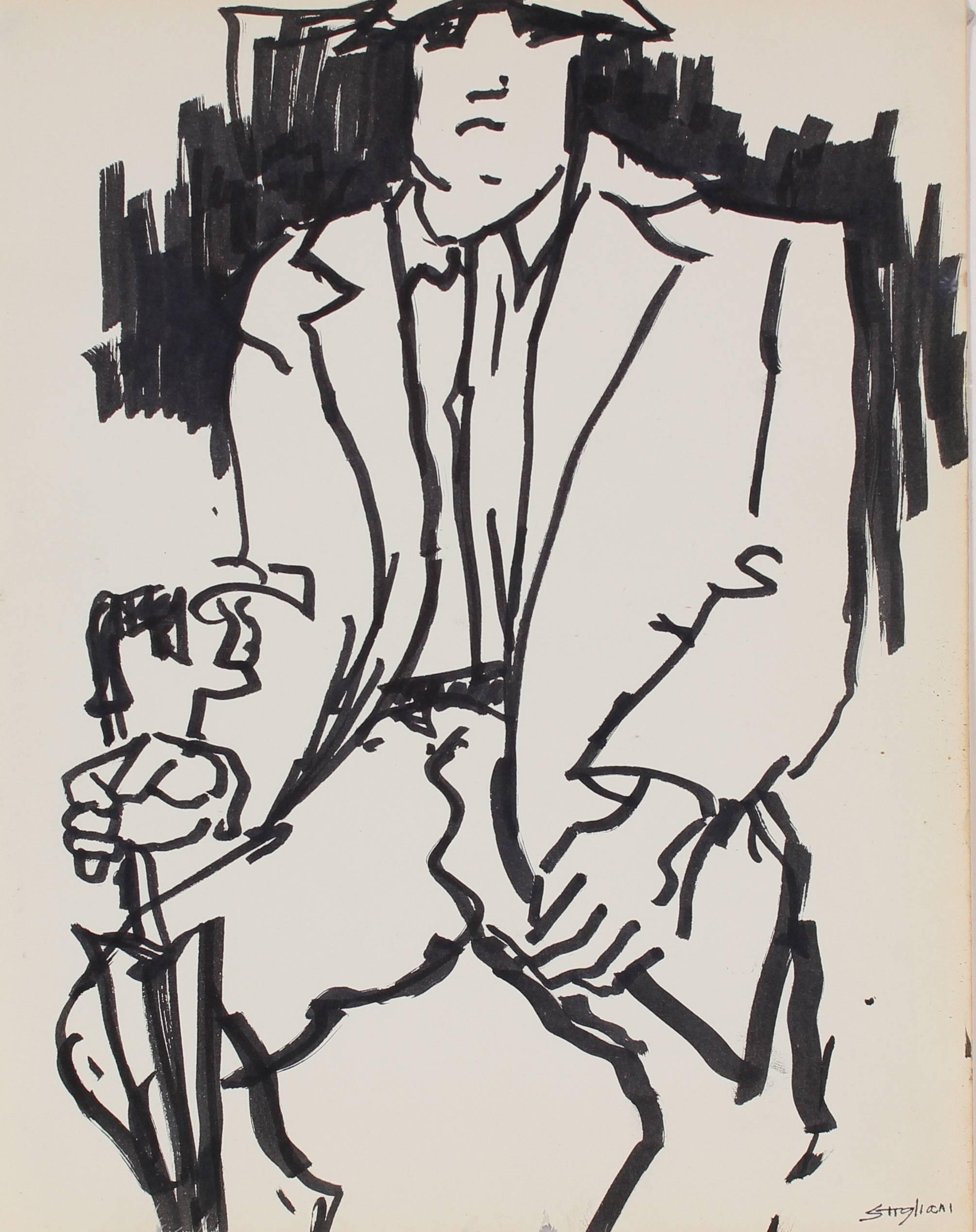 Pasquale Patrick Stigliani Figurative Art - New York Subway Portrait in Ink, Mid 20th Century