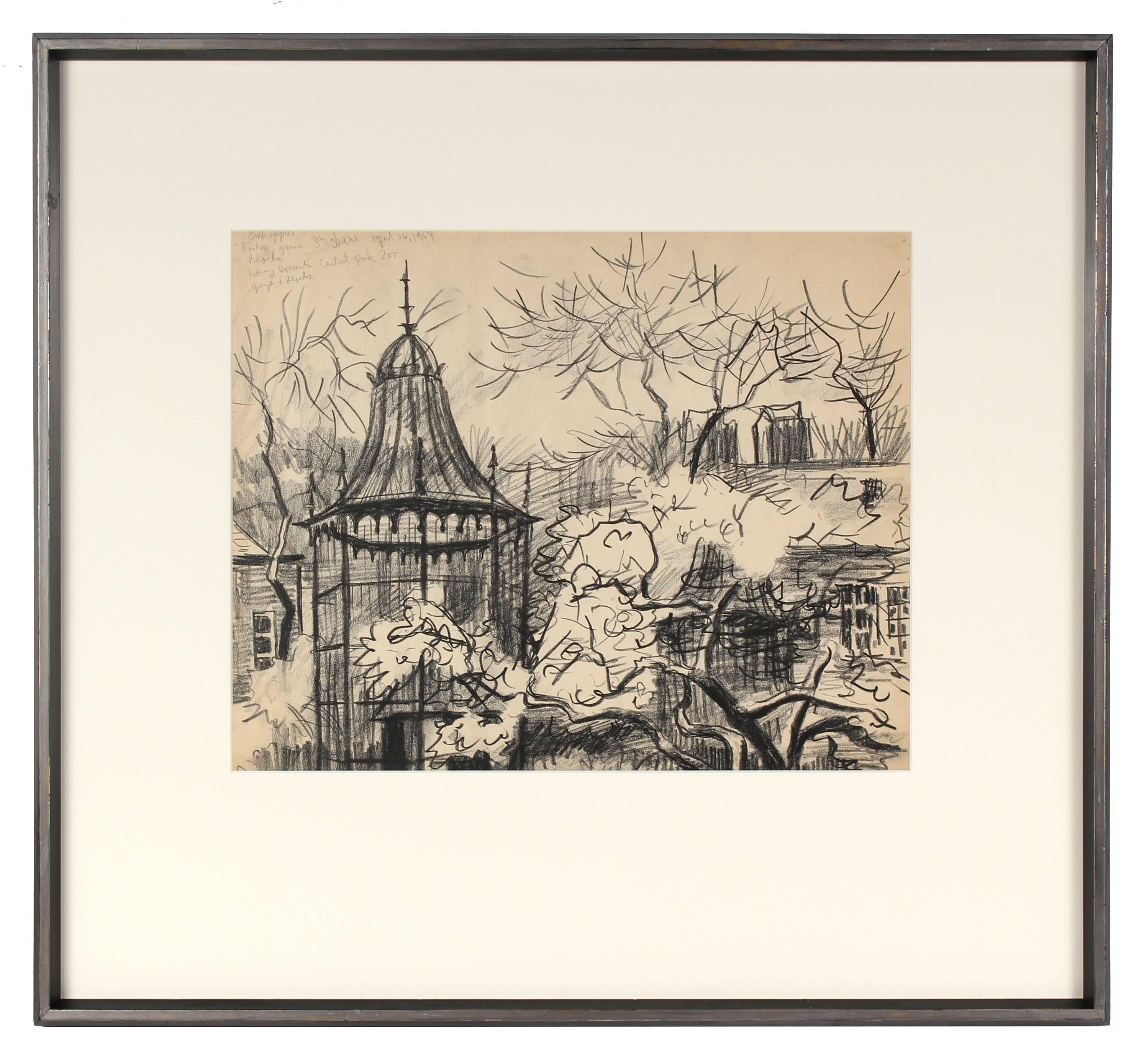 Pasquale Patrick Stigliani Landscape Art - 1960s "Central Park Zoo" Charcoal New York Landscape