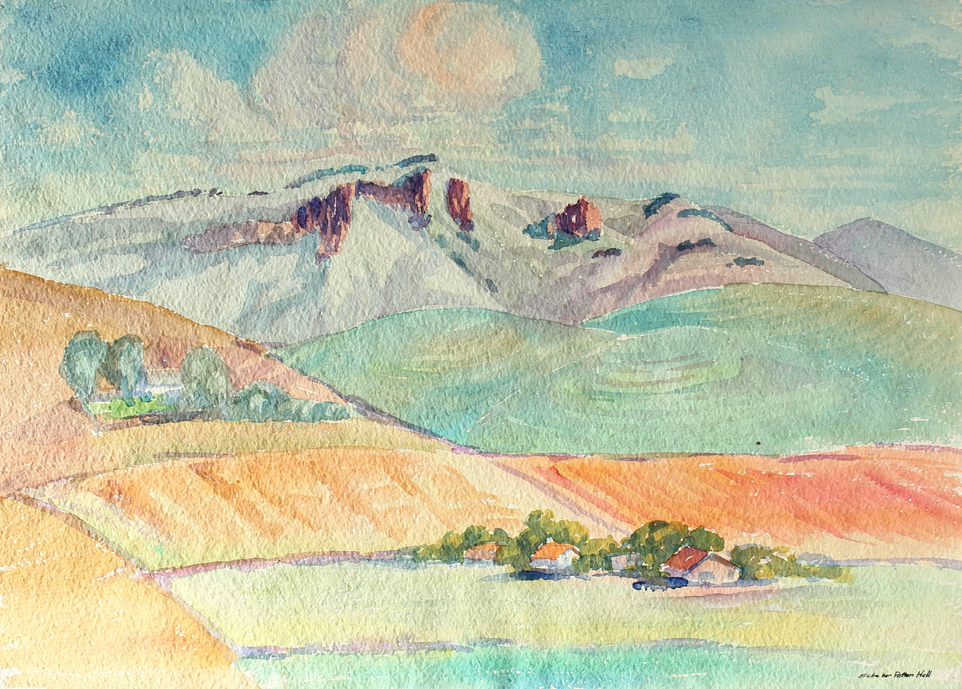 Landscape Art Sadie Van Patten Hall - Paysage californien à l
aquarelle, vers les années 1950