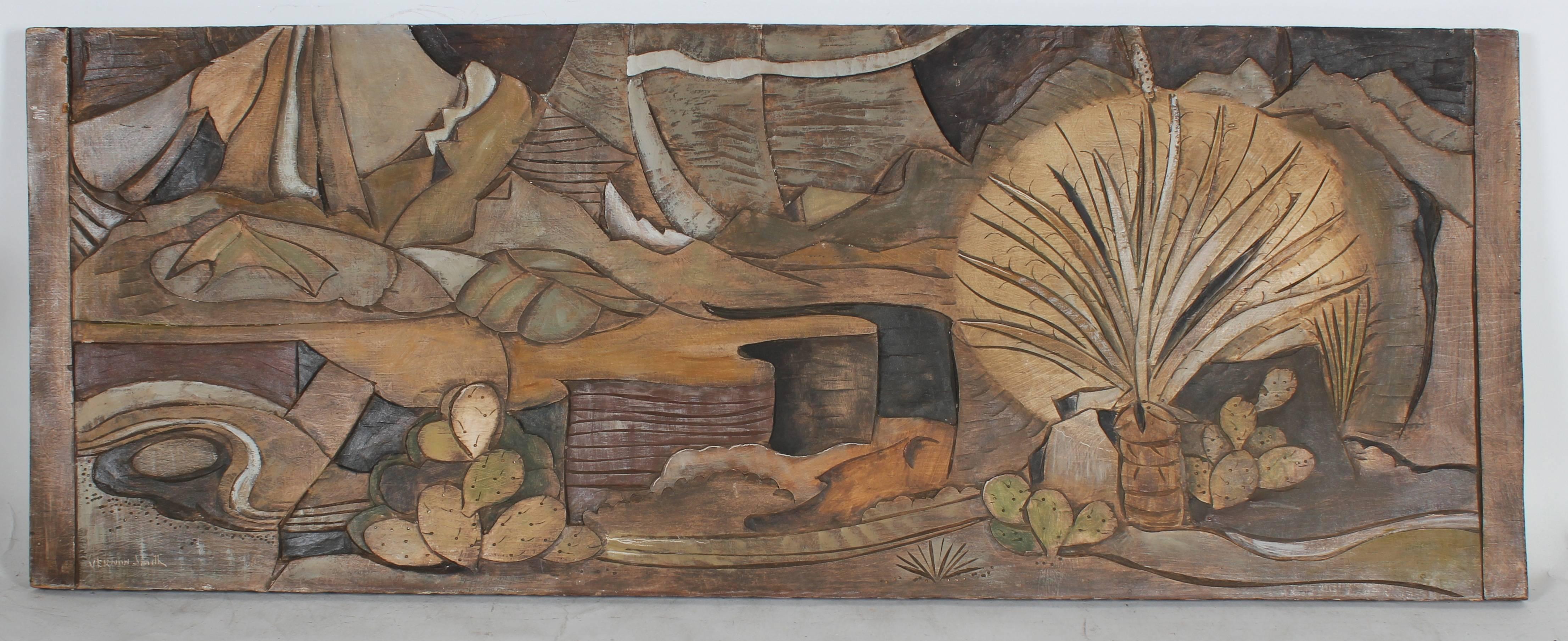 Vernon Smith Landscape Painting - "Desert" Bas Relief in Wood, Circa 1950