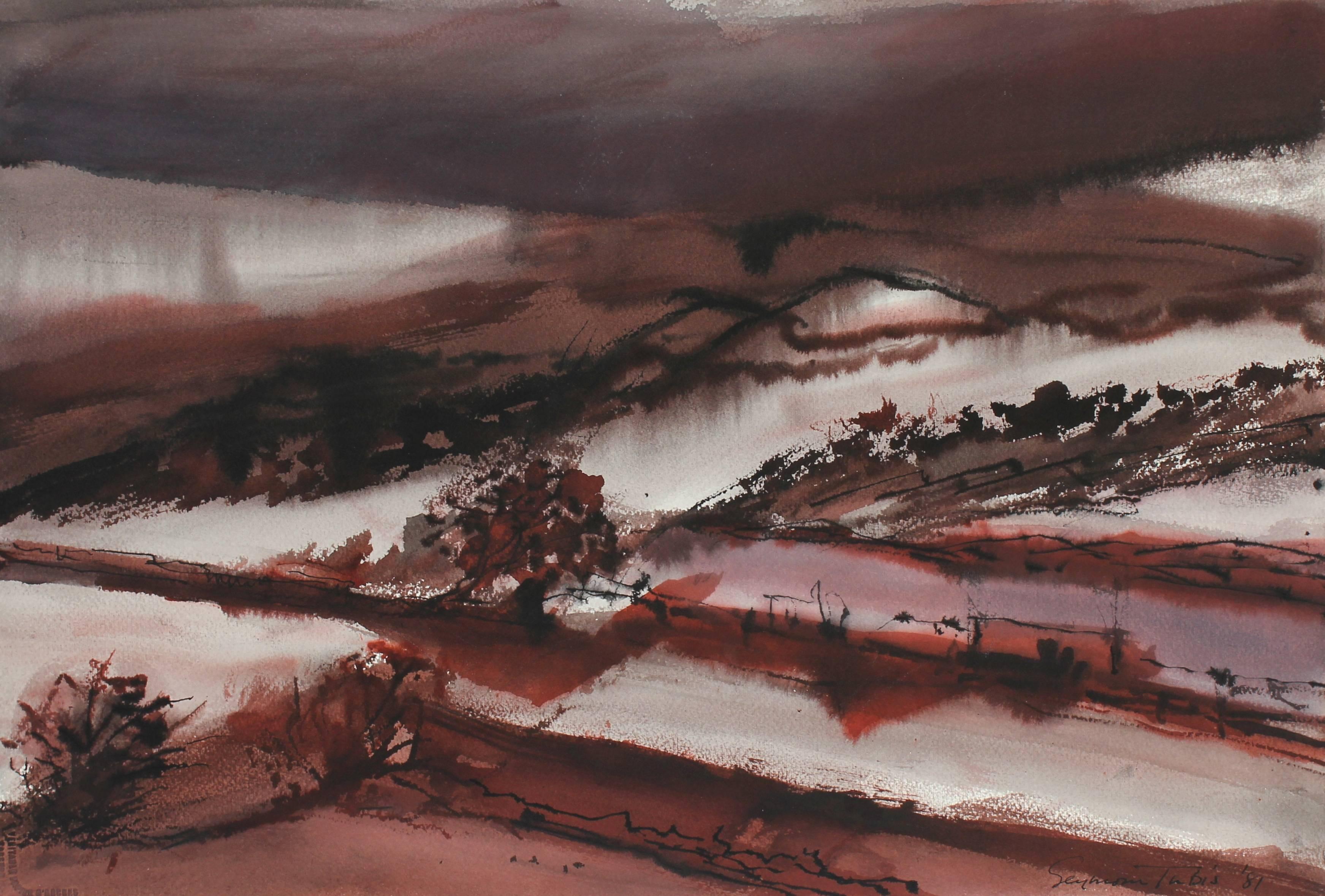 Seymour Tubis Abstract Drawing - Landscape in Crimson Watercolor, 1981