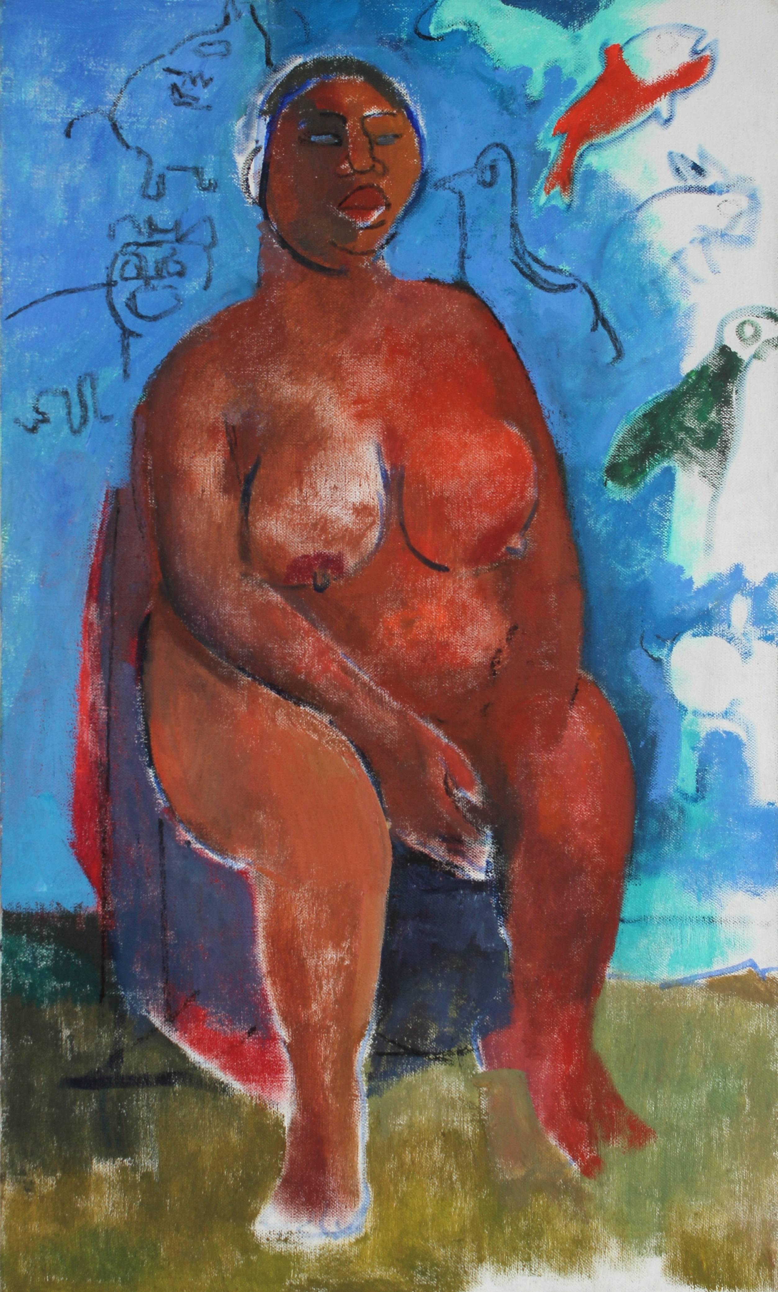 Mid 20th Century Expressionist Nude with Blue, Oil on Canvas Portrait