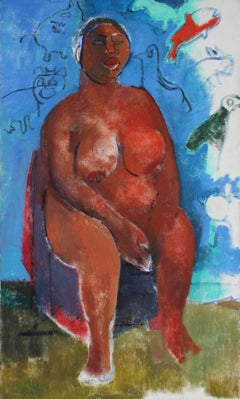 Mid 20th Century Expressionist Nude with Blue, Oil on Canvas Portrait