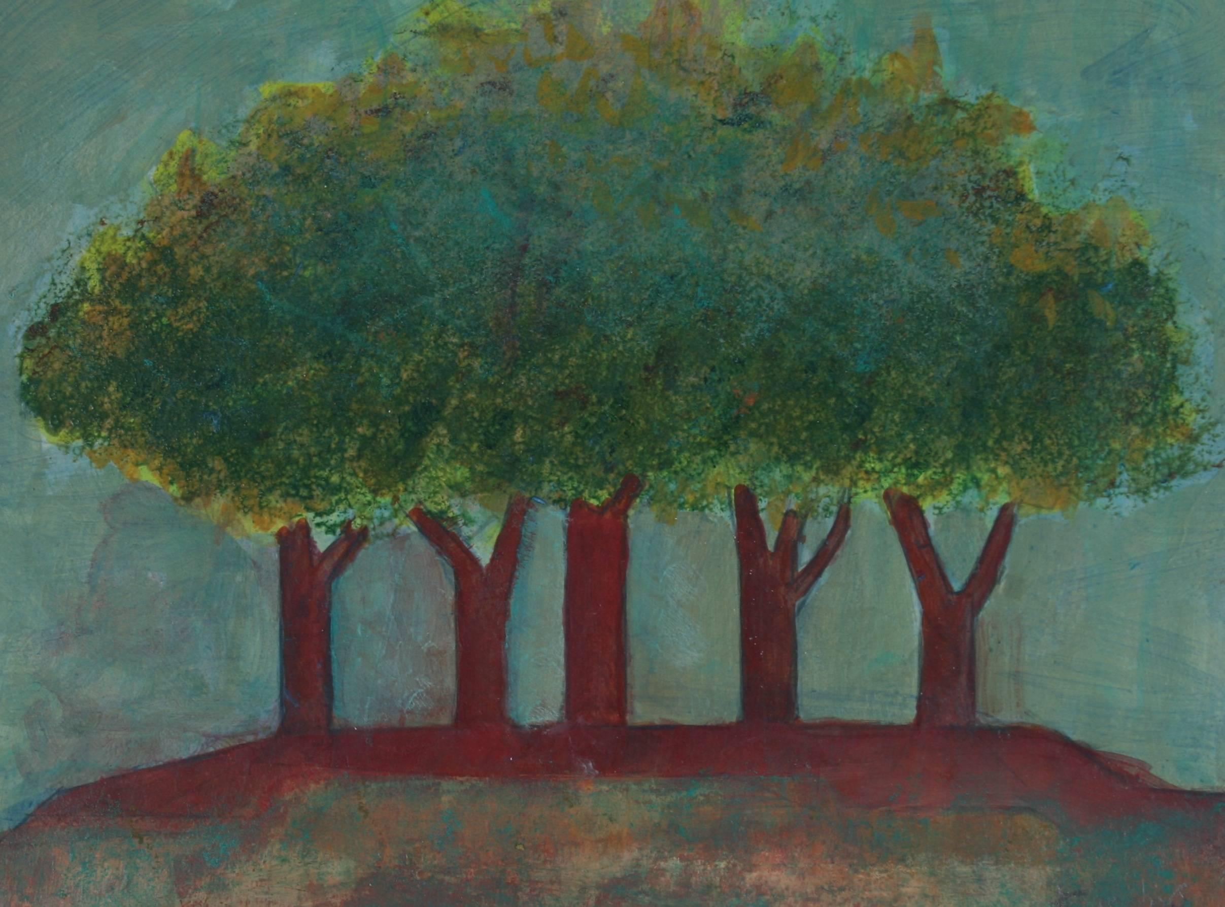 Dave Fox Landscape Painting - Red Trees in a Landscape, Acrylic Painting, 2008