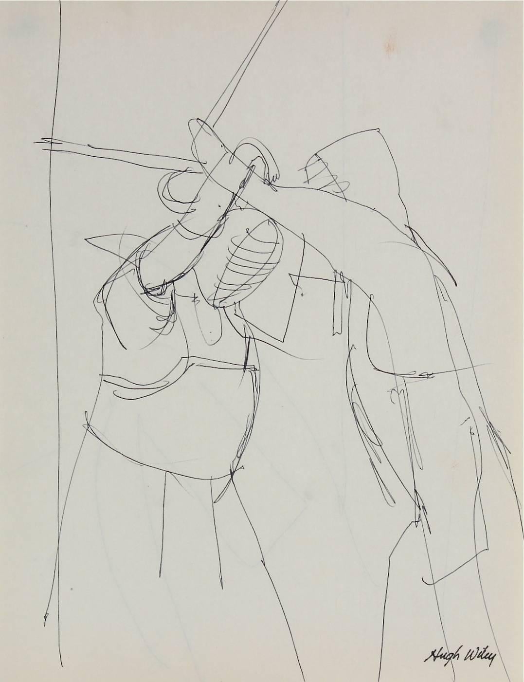 Hugh Wiley Figurative Art - Fencing Match in Ink, 1966