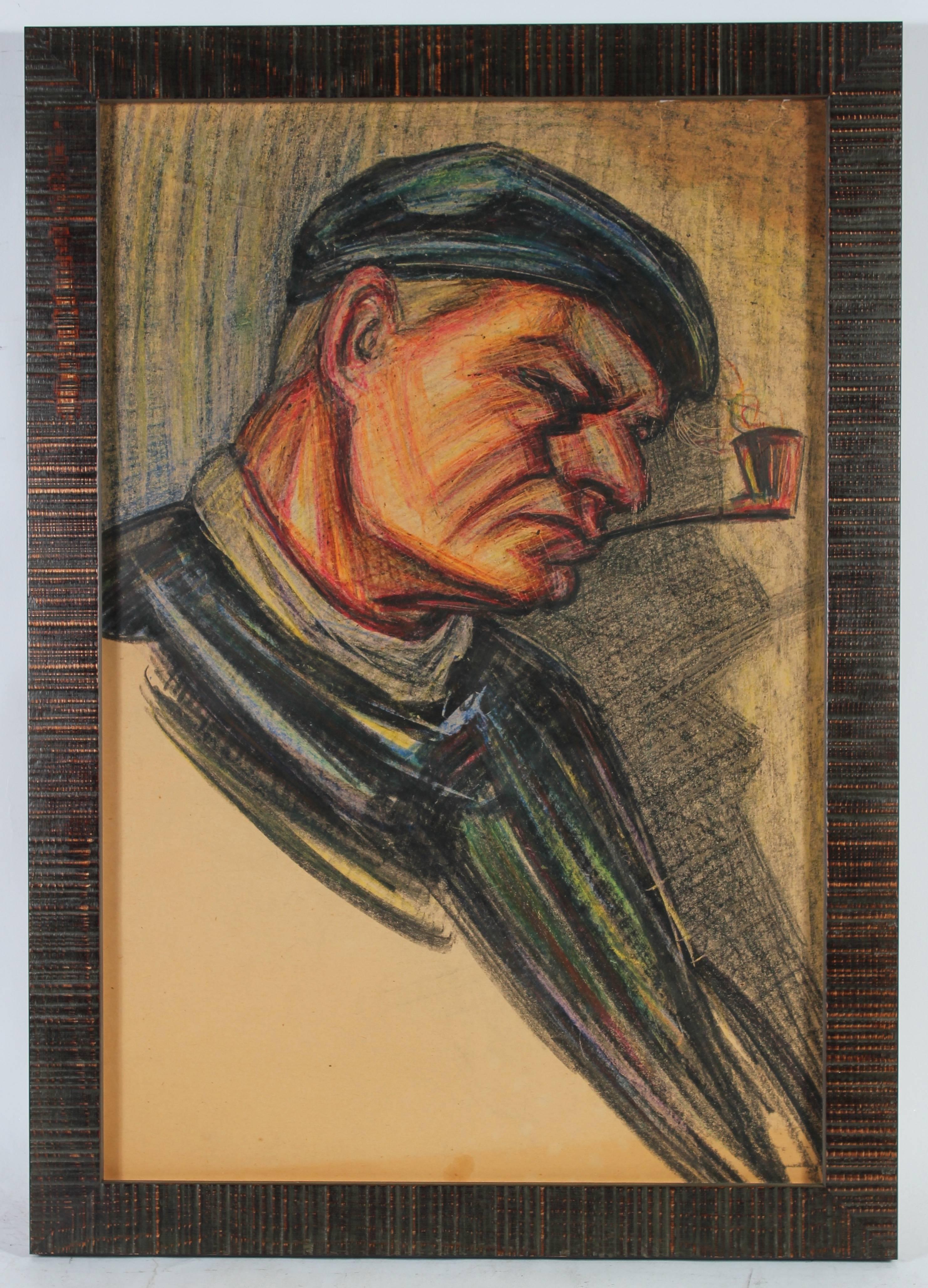 San Francisco Fisherman with Pipe, Oil Pastel Portrait, Circa 1940s - Art by Unknown
