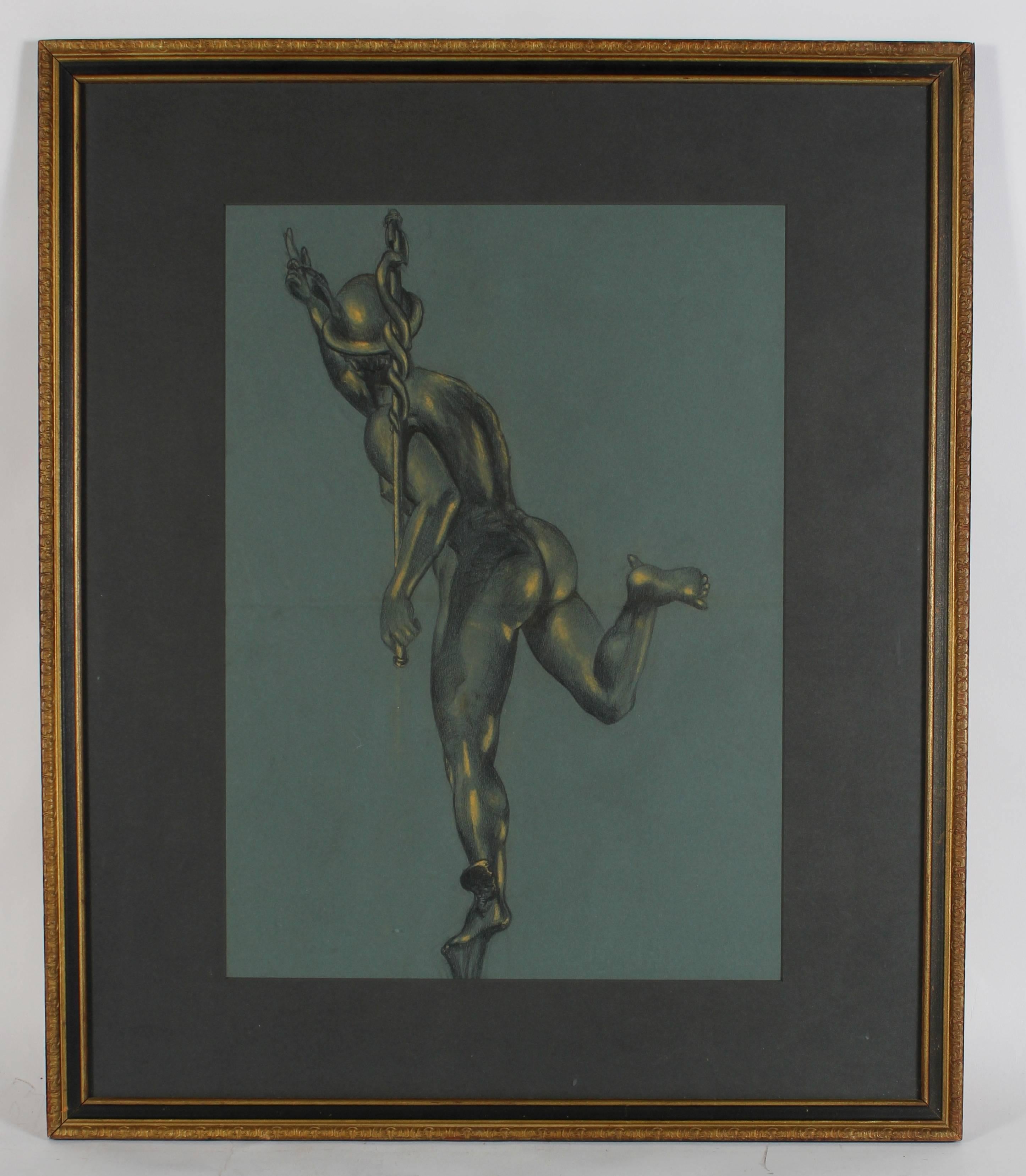 Unknown Nude - Study of the Roman God Mercury, Charcoal and Pastel Figure, Circa 1900
