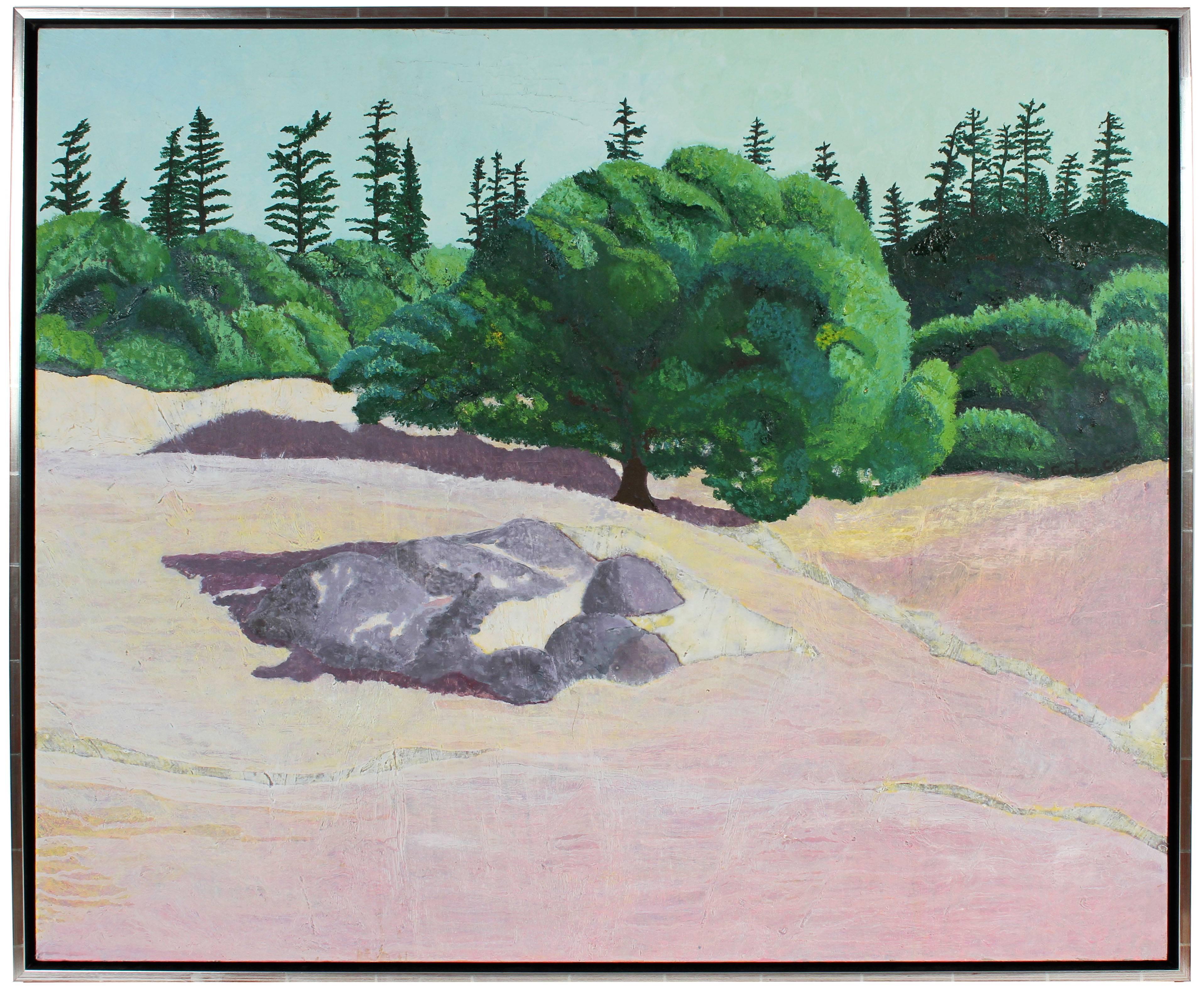 Gaétan Caron Landscape Painting - "La Vie en Rose (Live Oak)", Pink & Green California Landscape in Oil, 2015