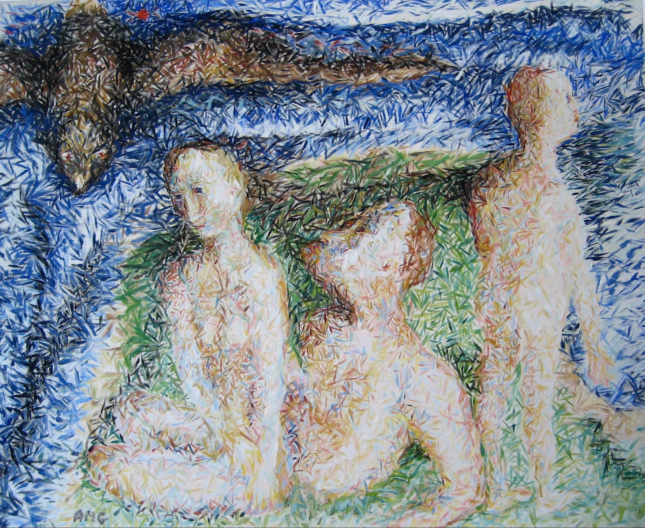 Anne Granick Nude Painting - Illuminated Figures with Bird, Expressionist Oil Painting, 1975