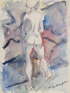Vintage Expressionist Nude in Blue and Purple, Watercolor Painting, Circa 1950s
